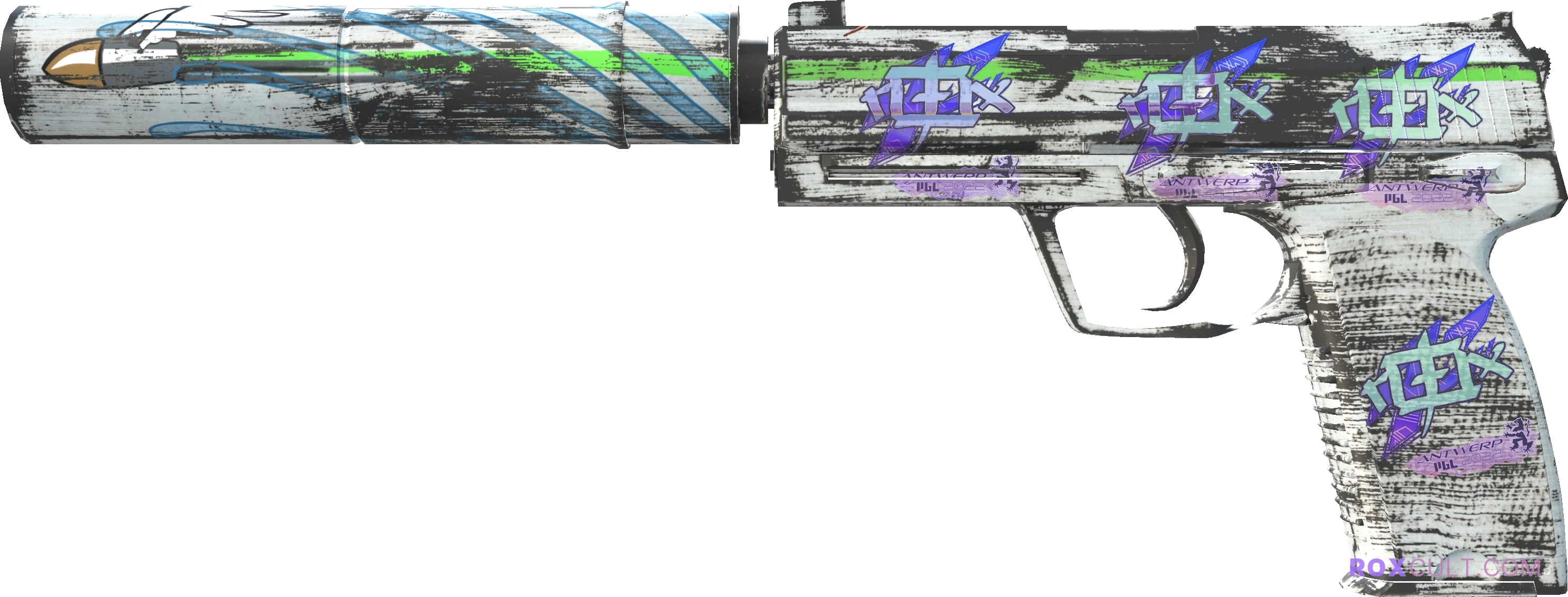 USP-S | Road Rash (Factory New) — rox (Holo) Antwerp 2022 craft, playside view with 4 rox (Holo) stickers