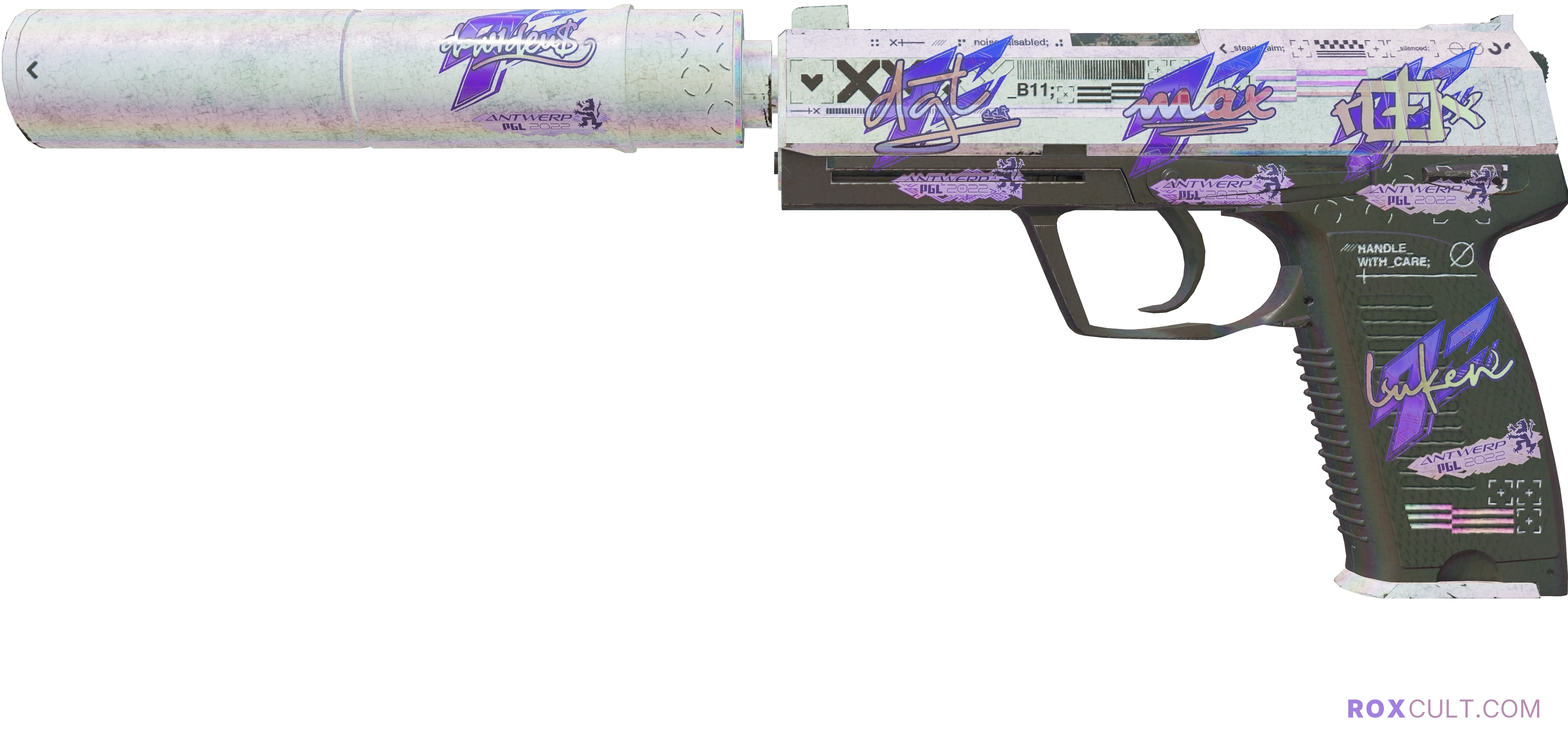 USP-S | Printstream (Battle-Scarred) — rox (Holo) Antwerp 2022 craft, playside view with 1 rox (Holo) sticker
