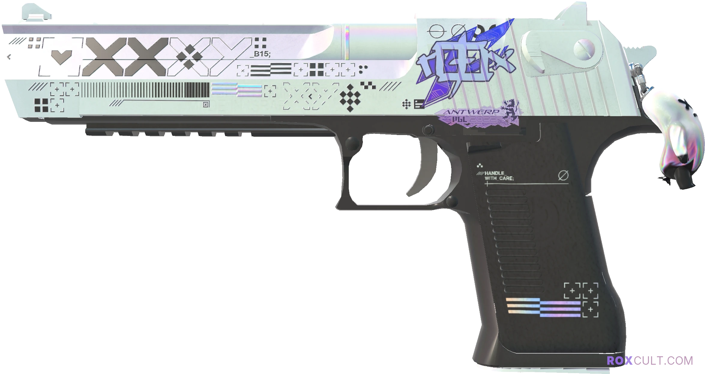 Desert Eagle | Printstream (Factory New) — rox (Holo) Antwerp 2022 craft, playside view with 1 rox (Holo) sticker