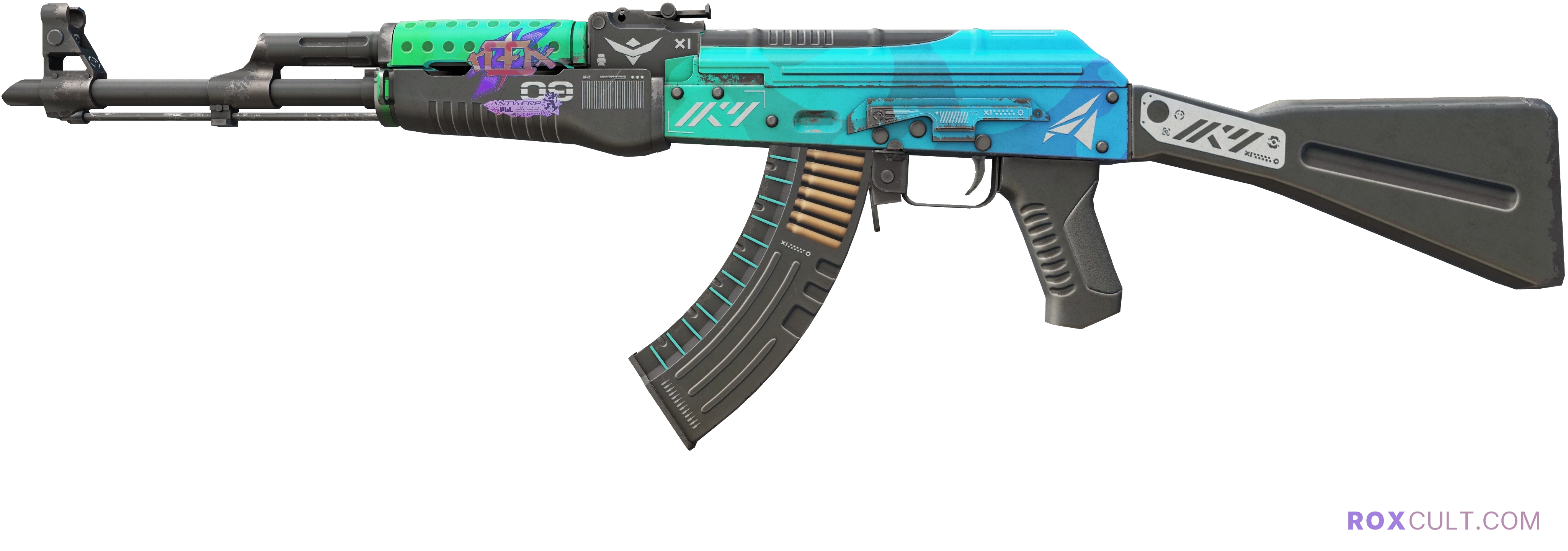 AK-47 | Ice Coaled (Field-Tested) — rox (Holo) Antwerp 2022 craft, playside view with 1 rox (Holo) sticker
