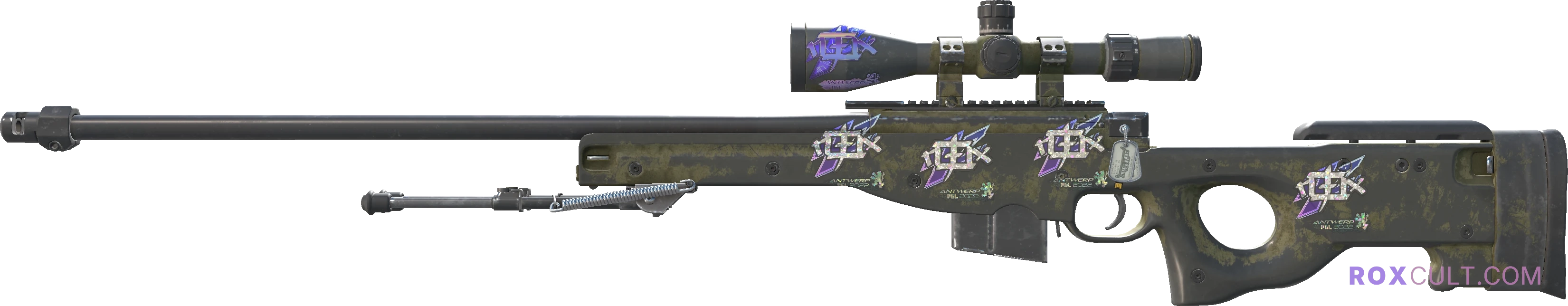 AWP | Safari Mesh (Battle-Scarred) — rox (Holo) Antwerp 2022 craft, playside view with 1 rox (Holo) sticker