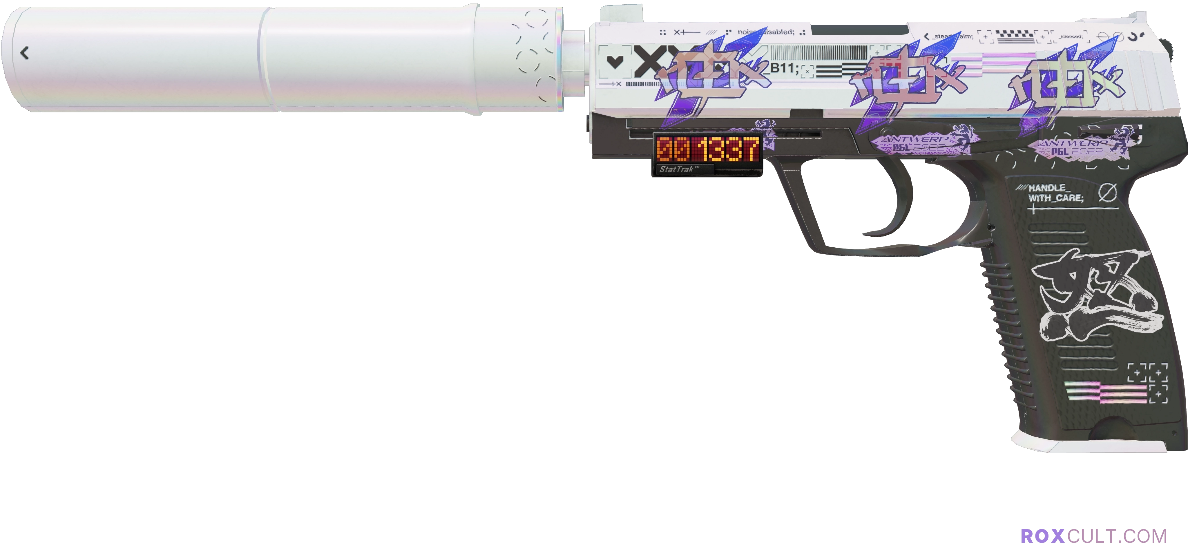 StatTrak™ USP-S | Printstream (Factory New) — rox (Holo) Antwerp 2022 craft, playside view with 3 rox (Holo) stickers