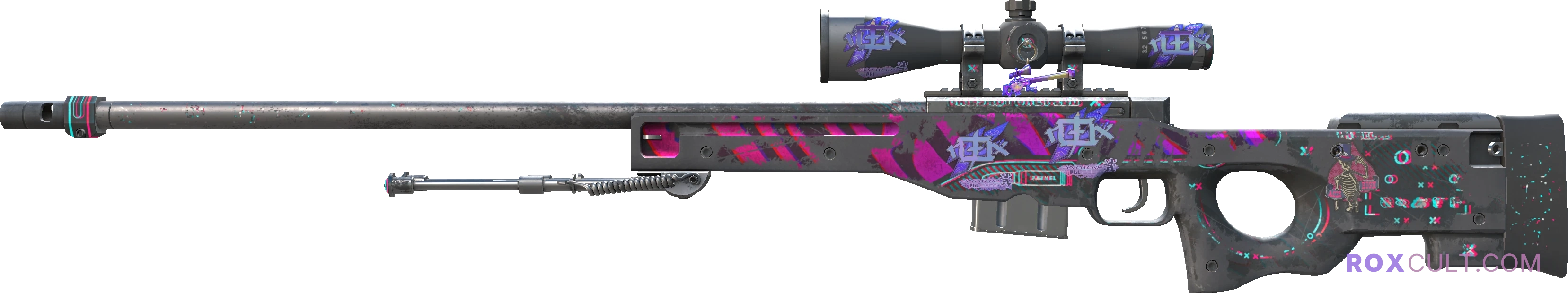AWP | Chromatic Aberration (Battle-Scarred) — rox (Holo) Antwerp 2022 craft, playside view with 4 rox (Holo) stickers