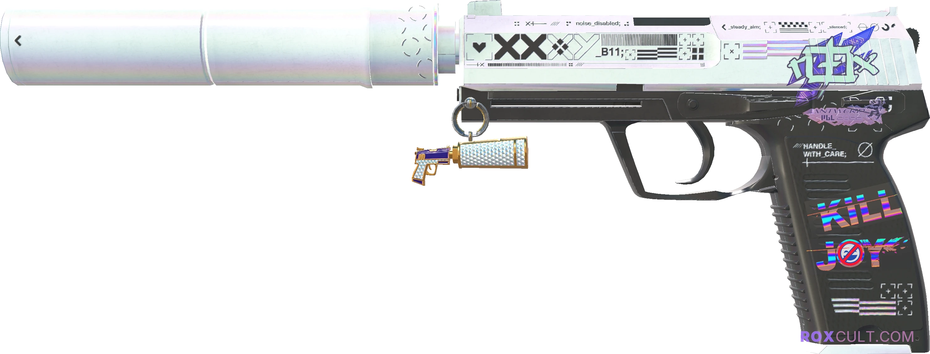 USP-S | Printstream (Minimal Wear) — rox (Holo) Antwerp 2022 craft, playside view with 1 rox (Holo) sticker