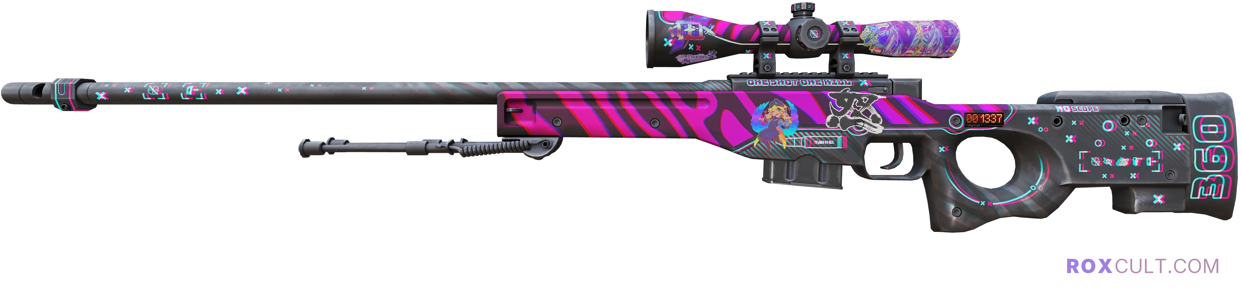 StatTrak™ AWP | Chromatic Aberration (Factory New) — rox (Holo) Antwerp 2022 craft, playside view with 1 rox (Holo) sticker