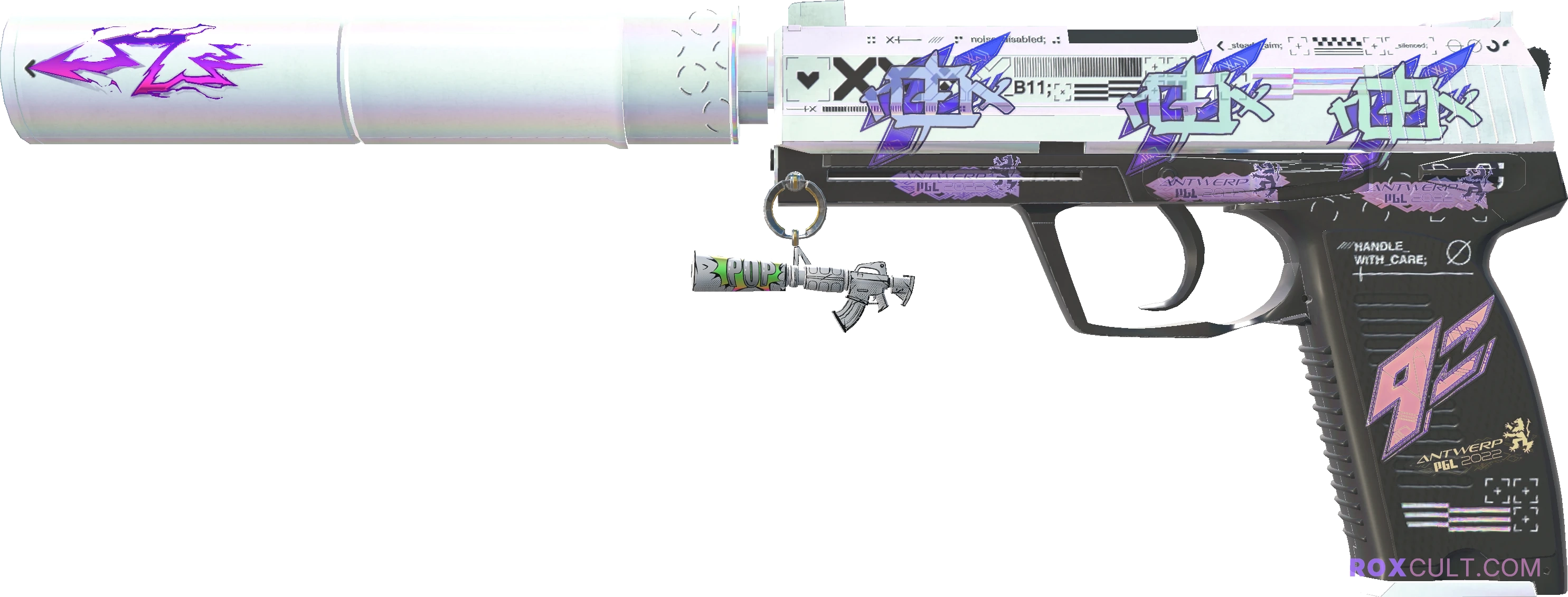 USP-S | Printstream (Minimal Wear) — rox (Holo) Antwerp 2022 craft, playside view with 3 rox (Holo) stickers