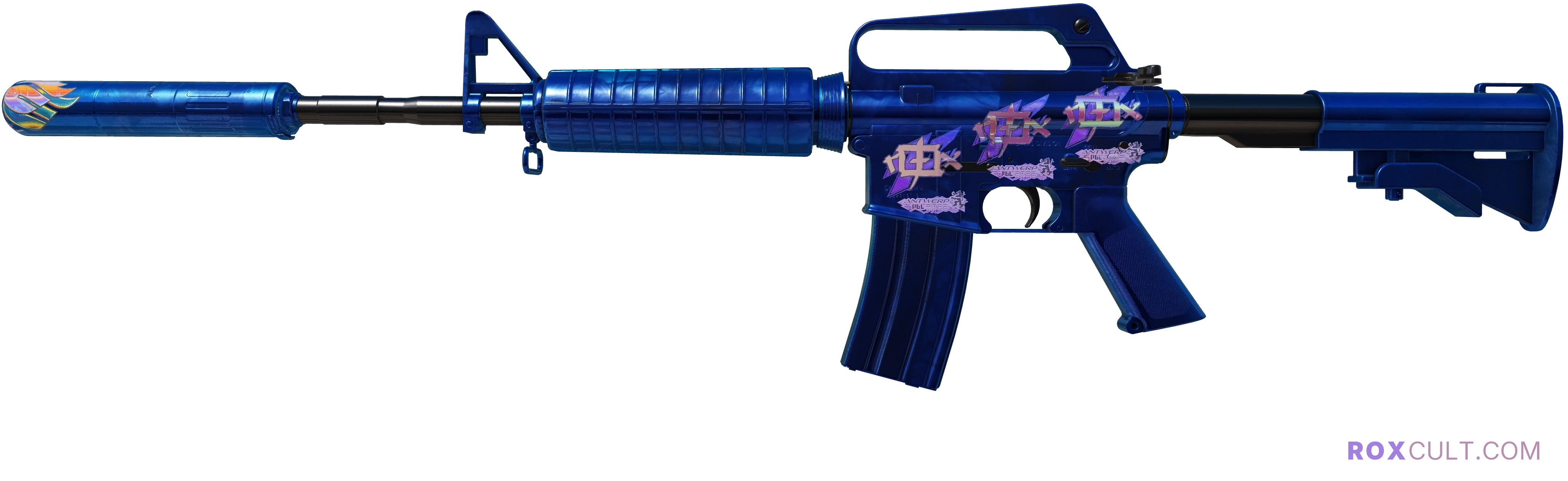 M4A1-S | Blue Phosphor (Factory New) — rox (Holo) Antwerp 2022 craft, playside view with 3 rox (Holo) stickers