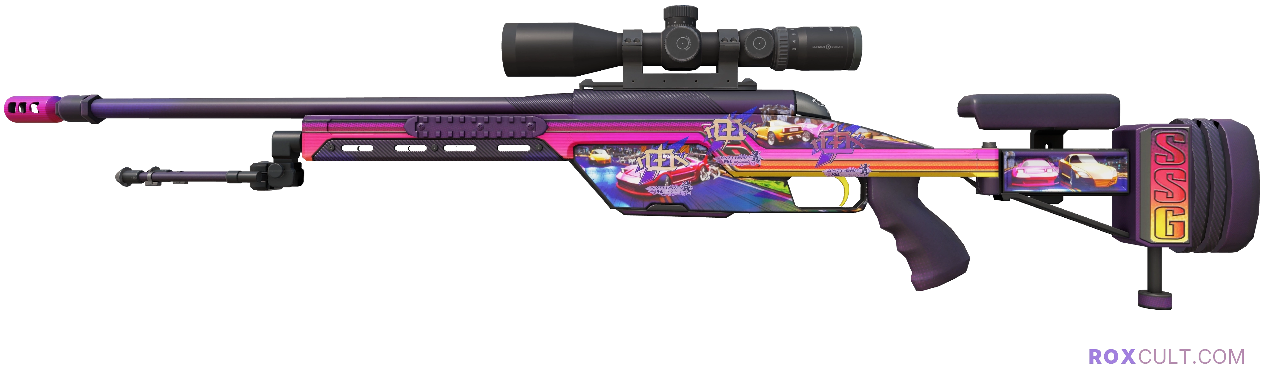 SSG 08 | Turbo Peek (Factory New) — rox (Holo) Antwerp 2022 craft, playside view with 3 rox (Holo) stickers