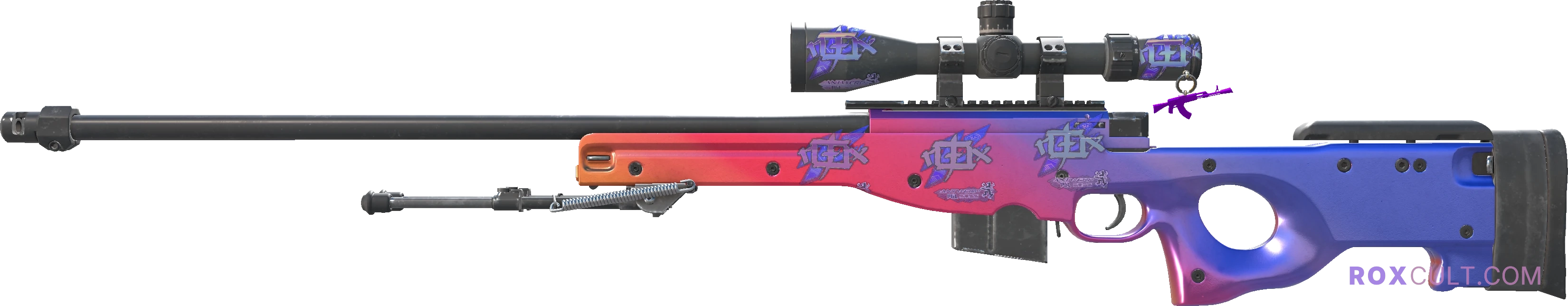 AWP | Fade (Factory New) — rox (Holo) Antwerp 2022 craft, playside view with 5 rox (Holo) stickers