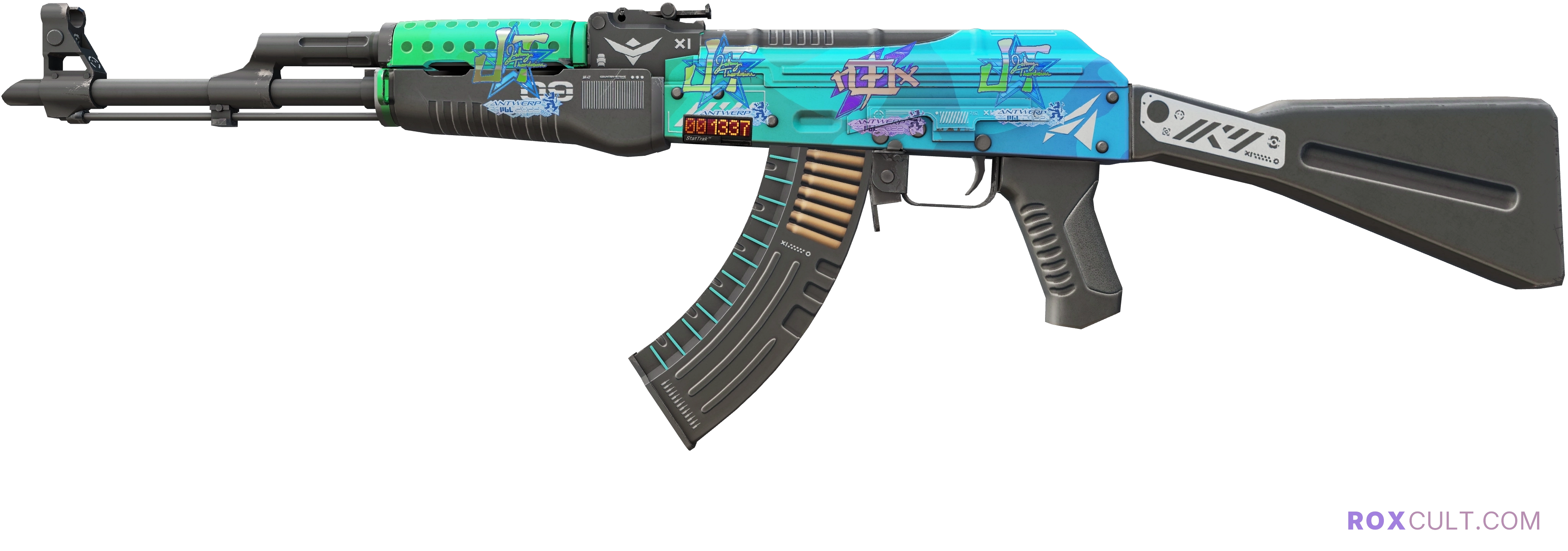 StatTrak™ AK-47 | Ice Coaled (Minimal Wear) — rox (Holo) Antwerp 2022 craft, playside view with 1 rox (Holo) sticker