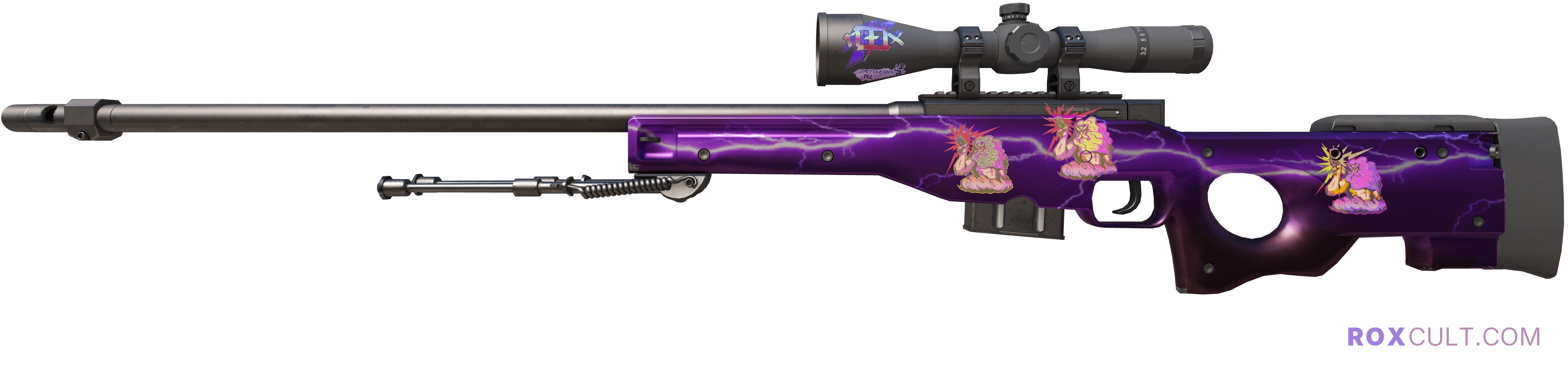 AWP | Lightning Strike (Factory New) — rox (Holo) Antwerp 2022 craft, playside view with 1 rox (Holo) sticker