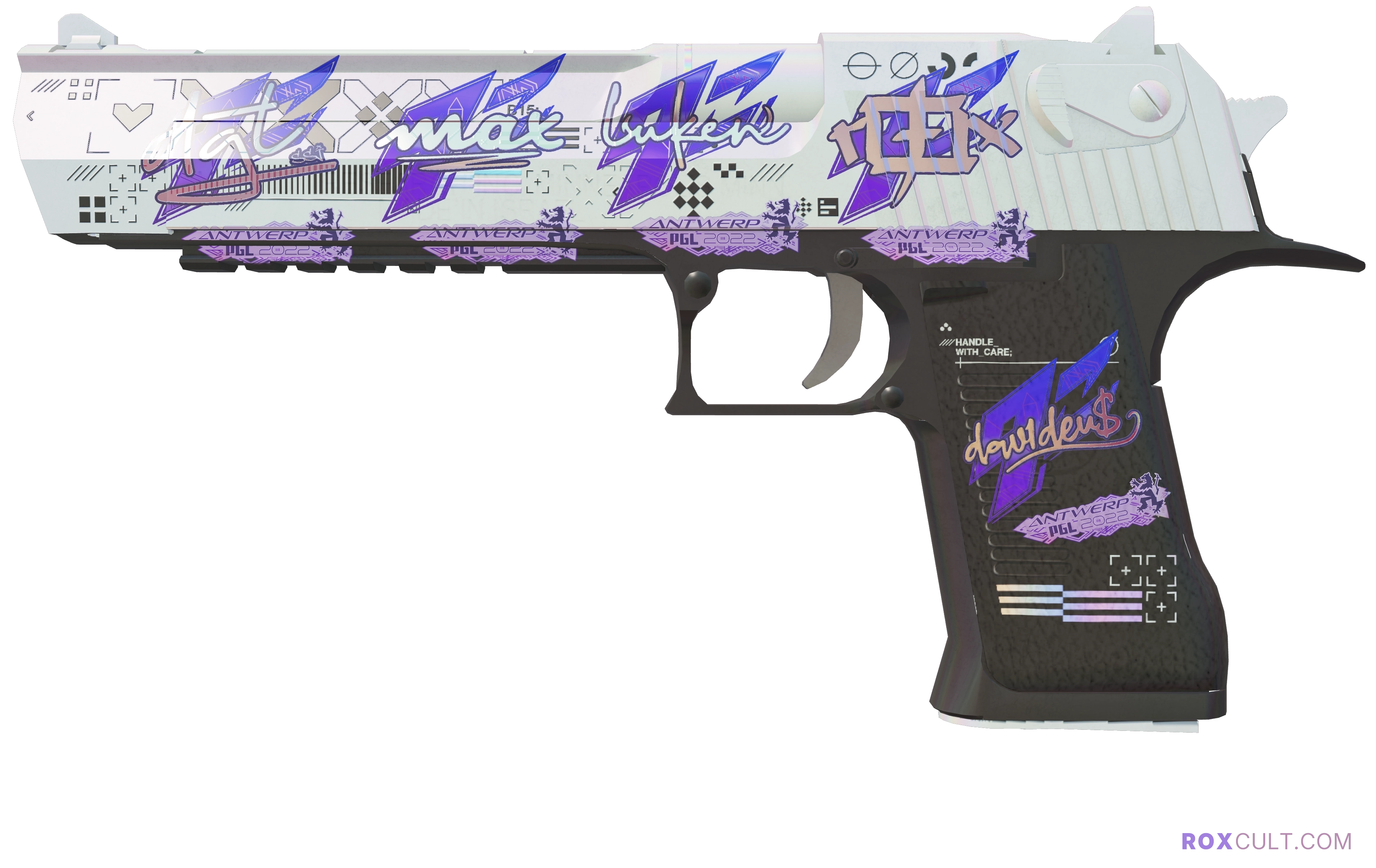Desert Eagle | Printstream (Minimal Wear) — rox (Holo) Antwerp 2022 craft, playside view with 1 rox (Holo) sticker