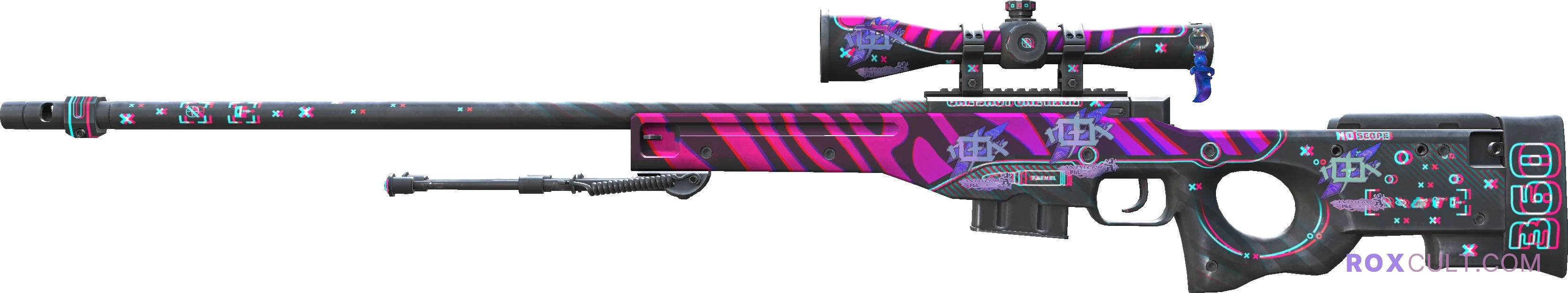 AWP | Chromatic Aberration (Factory New) — rox (Holo) Antwerp 2022 craft, playside view with 4 rox (Holo) stickers