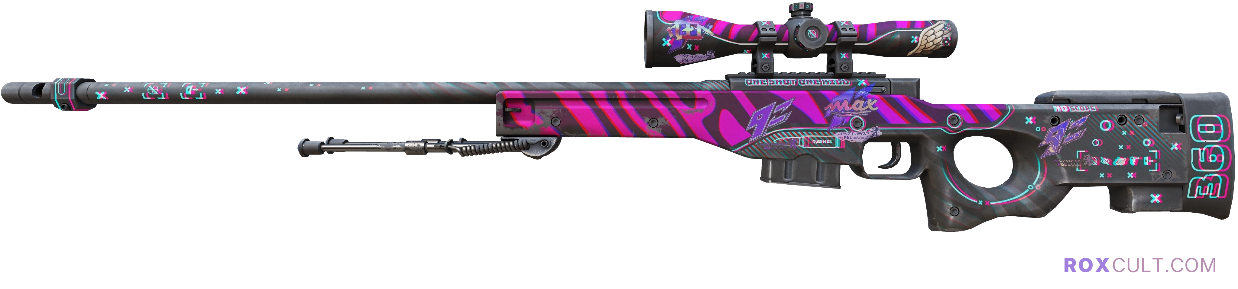 AWP | Chromatic Aberration (Field-Tested) — rox (Holo) Antwerp 2022 craft, playside view with 1 rox (Holo) sticker