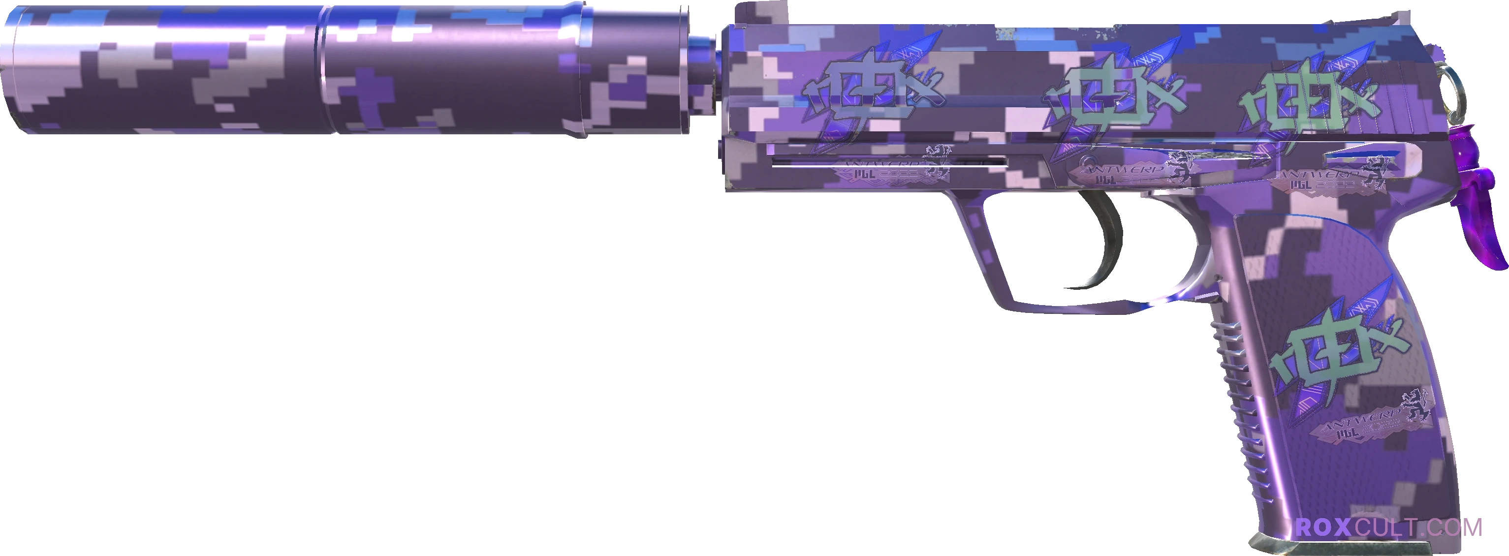 Souvenir USP-S | Purple DDPAT (Factory New) — rox (Holo) Antwerp 2022 craft, playside view with 4 rox (Holo) stickers