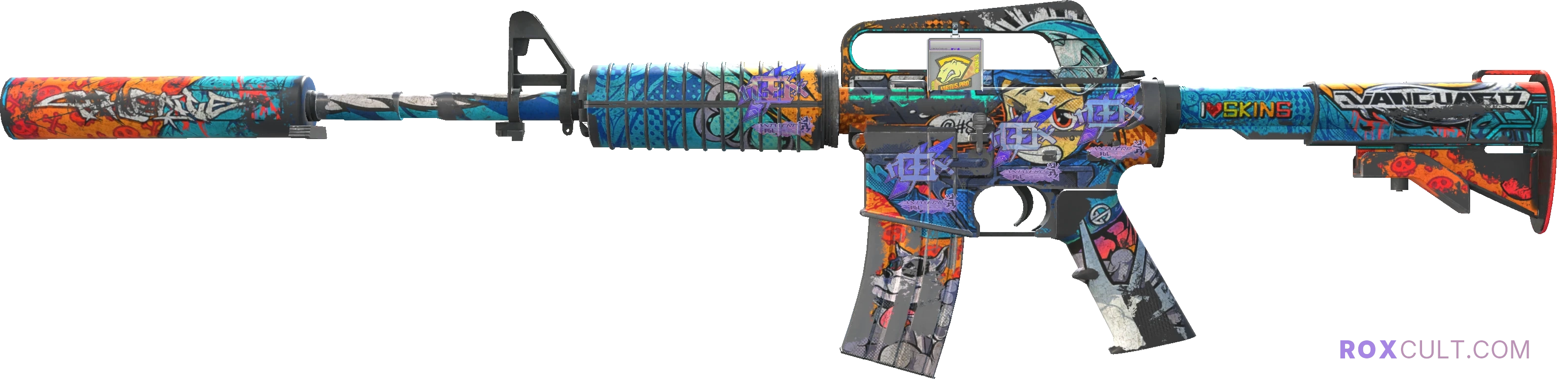 M4A1-S | Player Two (Battle-Scarred) — rox (Holo) Antwerp 2022 craft, playside view with 4 rox (Holo) stickers