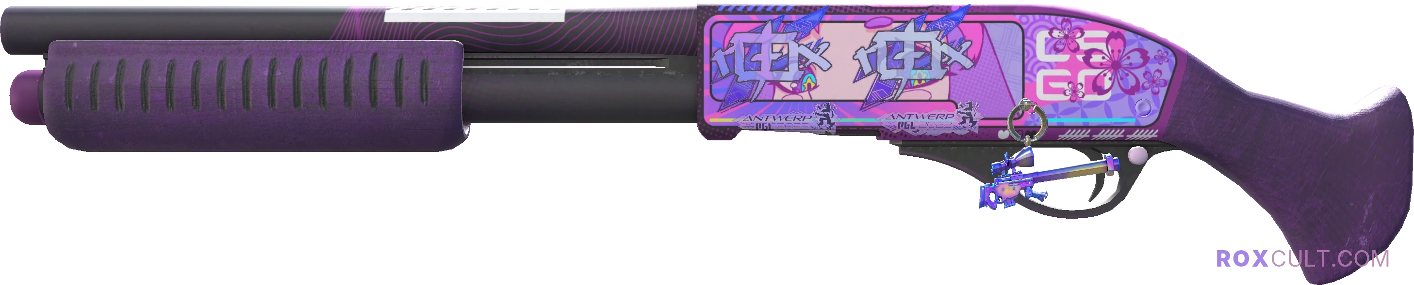 Sawed-Off | Kiss♥Love (Factory New) — rox (Holo) Antwerp 2022 craft, playside view with 2 rox (Holo) stickers