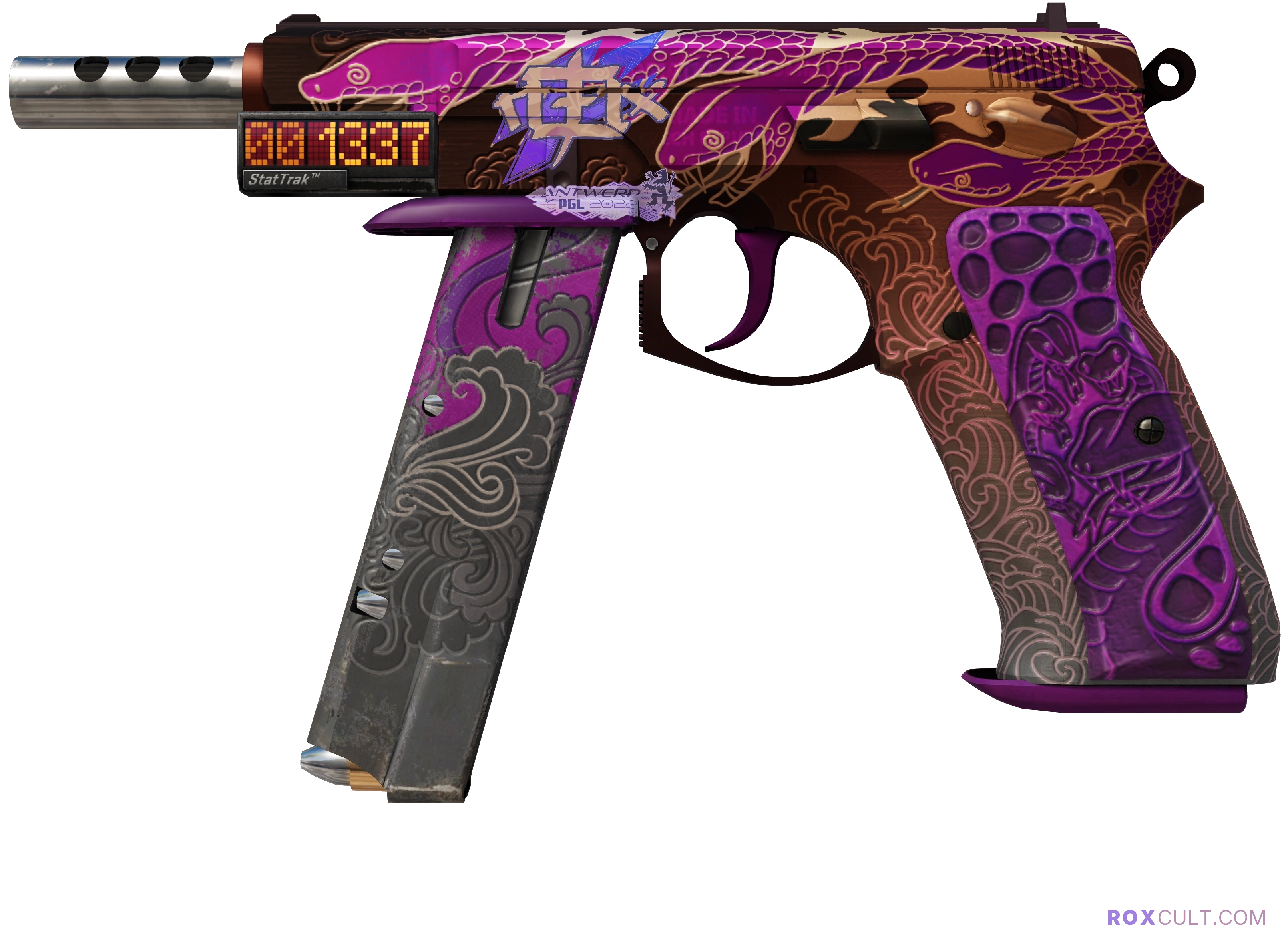StatTrak™ CZ75-Auto | Xiangliu (Factory New) — rox (Holo) Antwerp 2022 craft, playside view with 1 rox (Holo) sticker