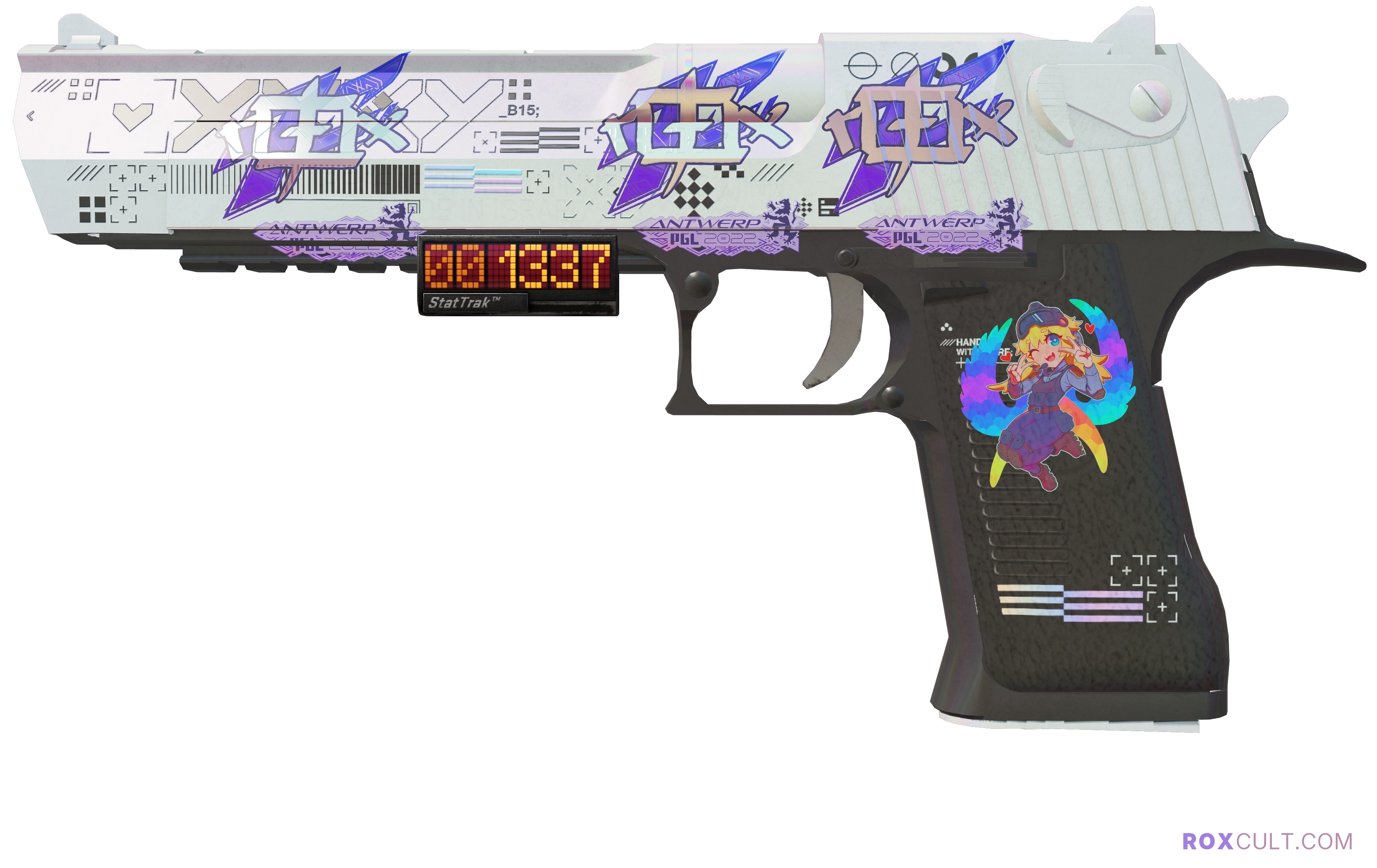 StatTrak™ Desert Eagle | Printstream (Field-Tested) — rox (Holo) Antwerp 2022 craft, playside view with 3 rox (Holo) stickers