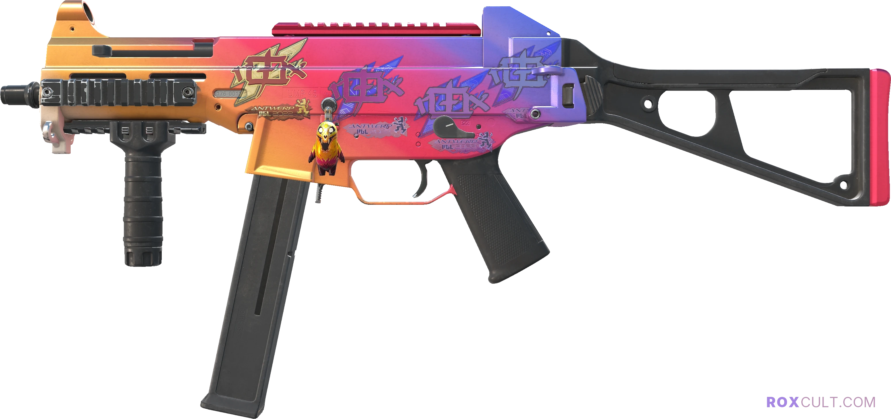 Souvenir UMP-45 | Fade (Factory New) — rox (Holo) Antwerp 2022 craft, playside view with 3 rox (Holo) stickers
