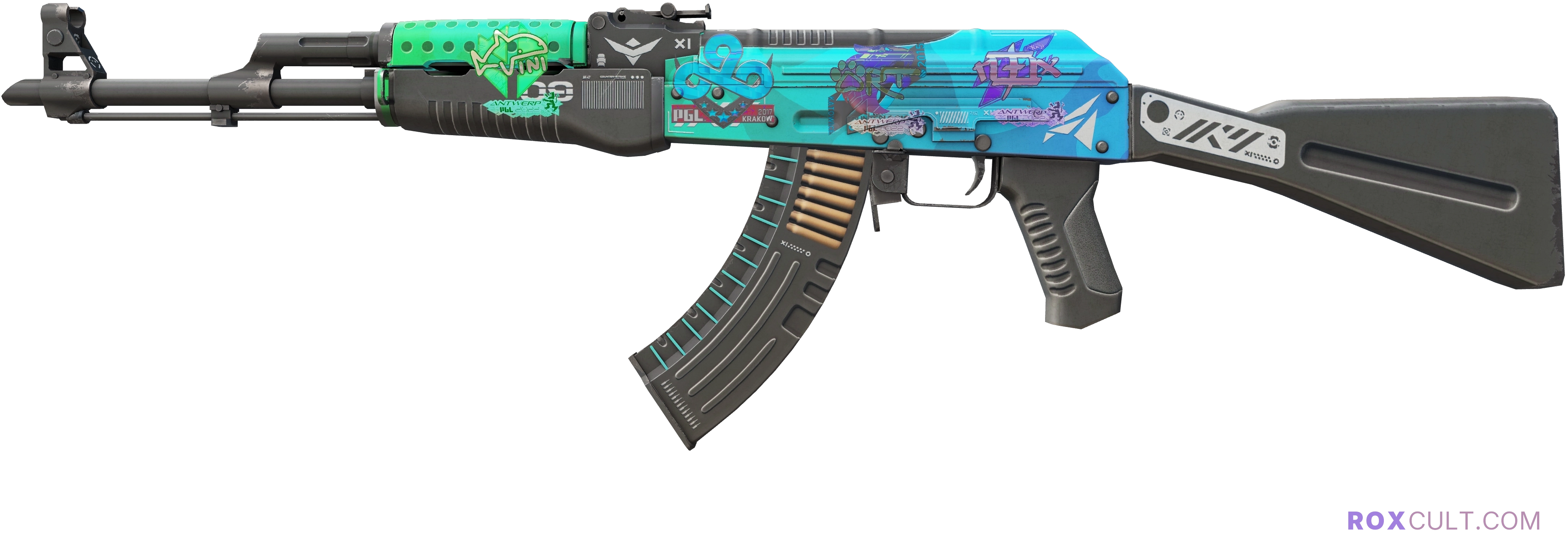 AK-47 | Ice Coaled (Field-Tested) — rox (Holo) Antwerp 2022 craft, playside view with 1 rox (Holo) sticker