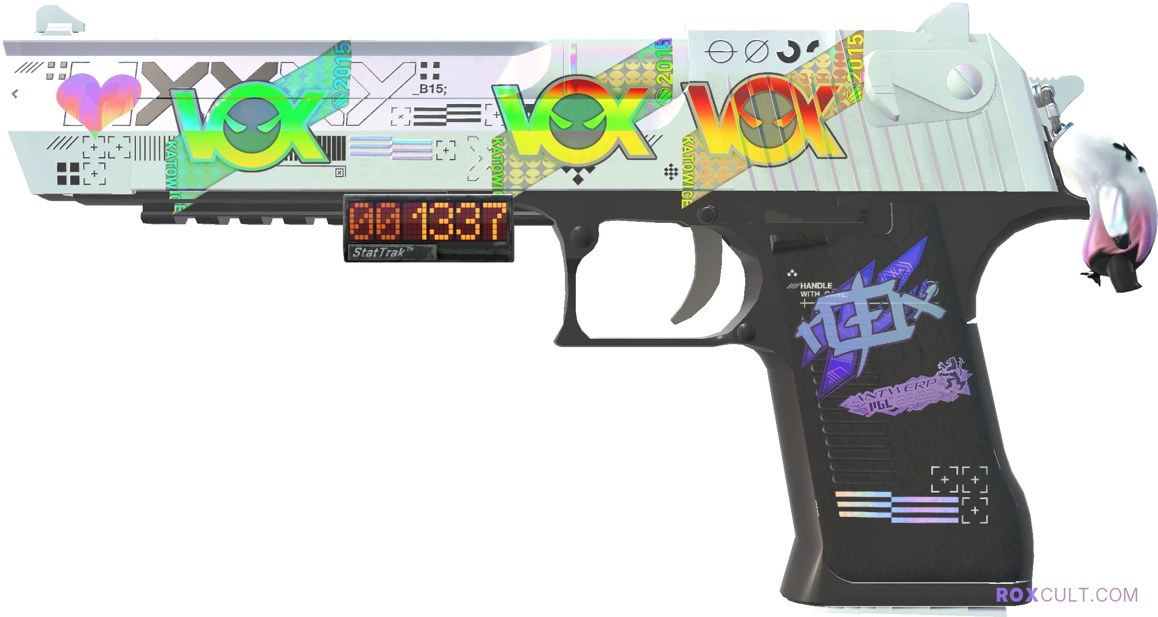 StatTrak™ Desert Eagle | Printstream (Factory New) — rox (Holo) Antwerp 2022 craft, playside view with 1 rox (Holo) sticker