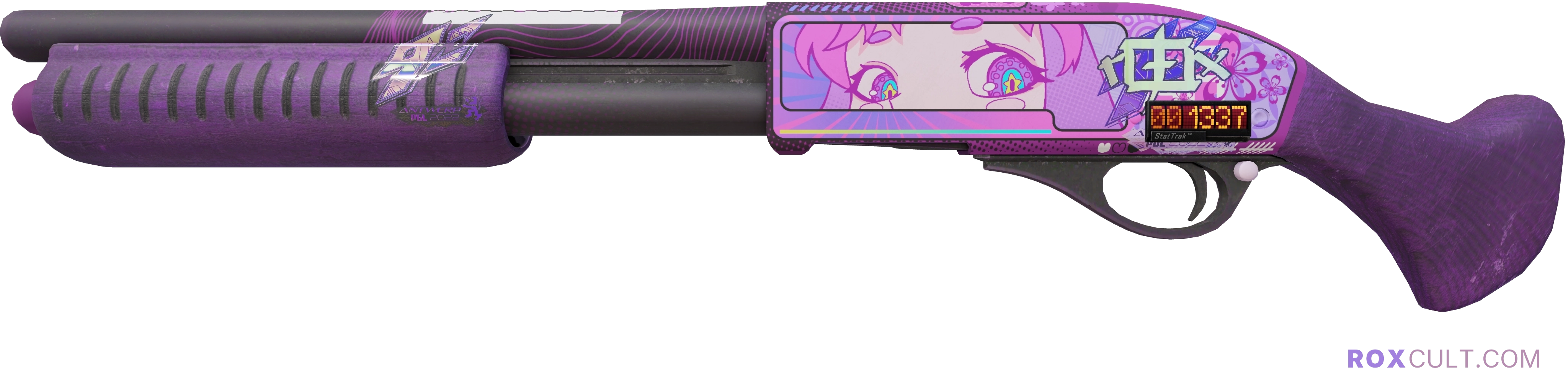 StatTrak™ Sawed-Off | Kiss♥Love (Factory New) — rox (Holo) Antwerp 2022 craft, playside view with 1 rox (Holo) sticker