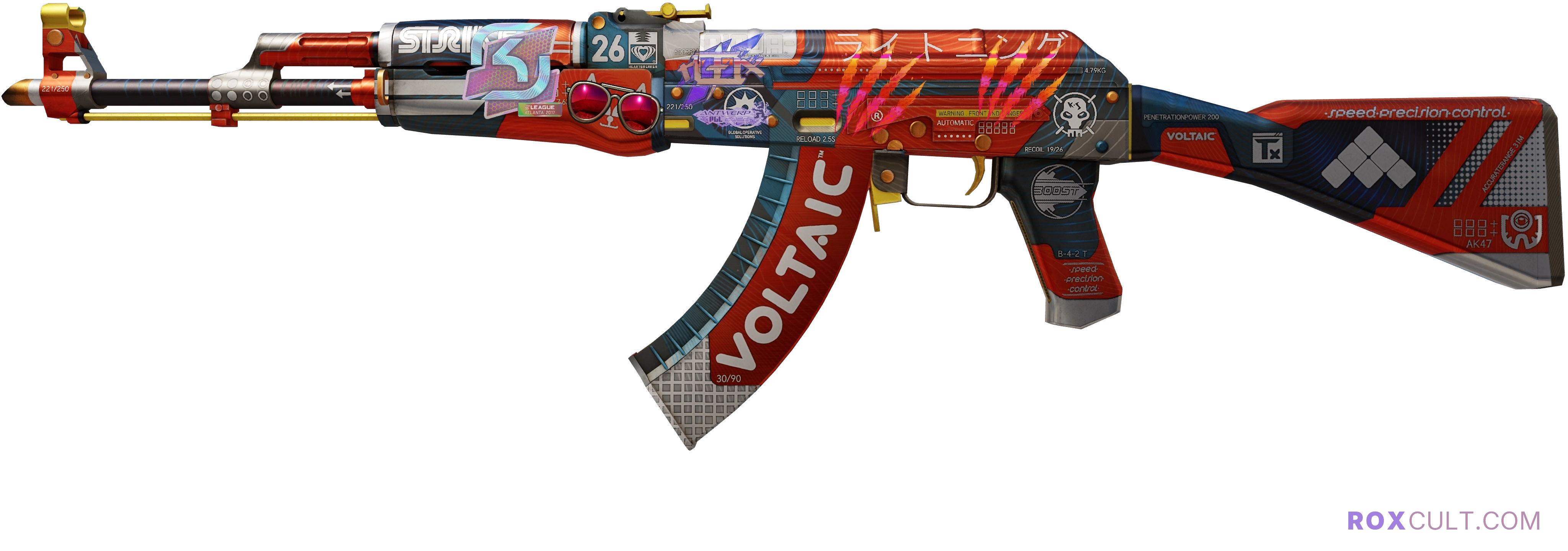 AK-47 | Bloodsport (Factory New) — rox (Holo) Antwerp 2022 craft, playside view with 1 rox (Holo) sticker