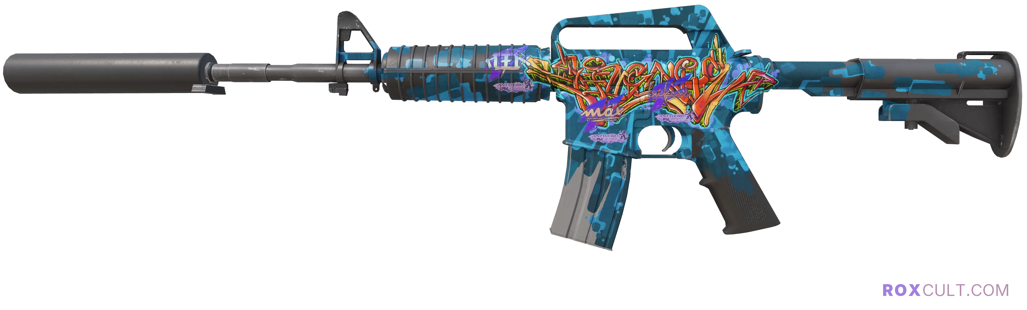 M4A1-S | Master Piece (Field-Tested) — rox (Holo) Antwerp 2022 craft, playside view with 1 rox (Holo) sticker