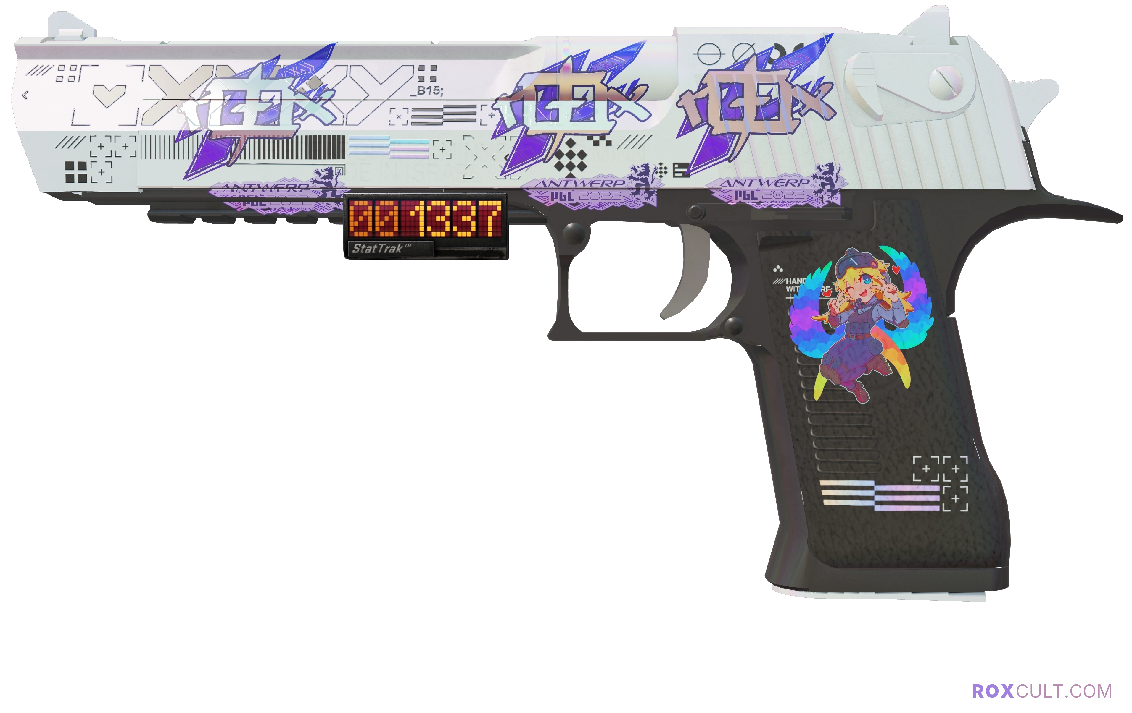 StatTrak™ Desert Eagle | Printstream (Minimal Wear) — rox (Holo) Antwerp 2022 craft, playside view with 3 rox (Holo) stickers