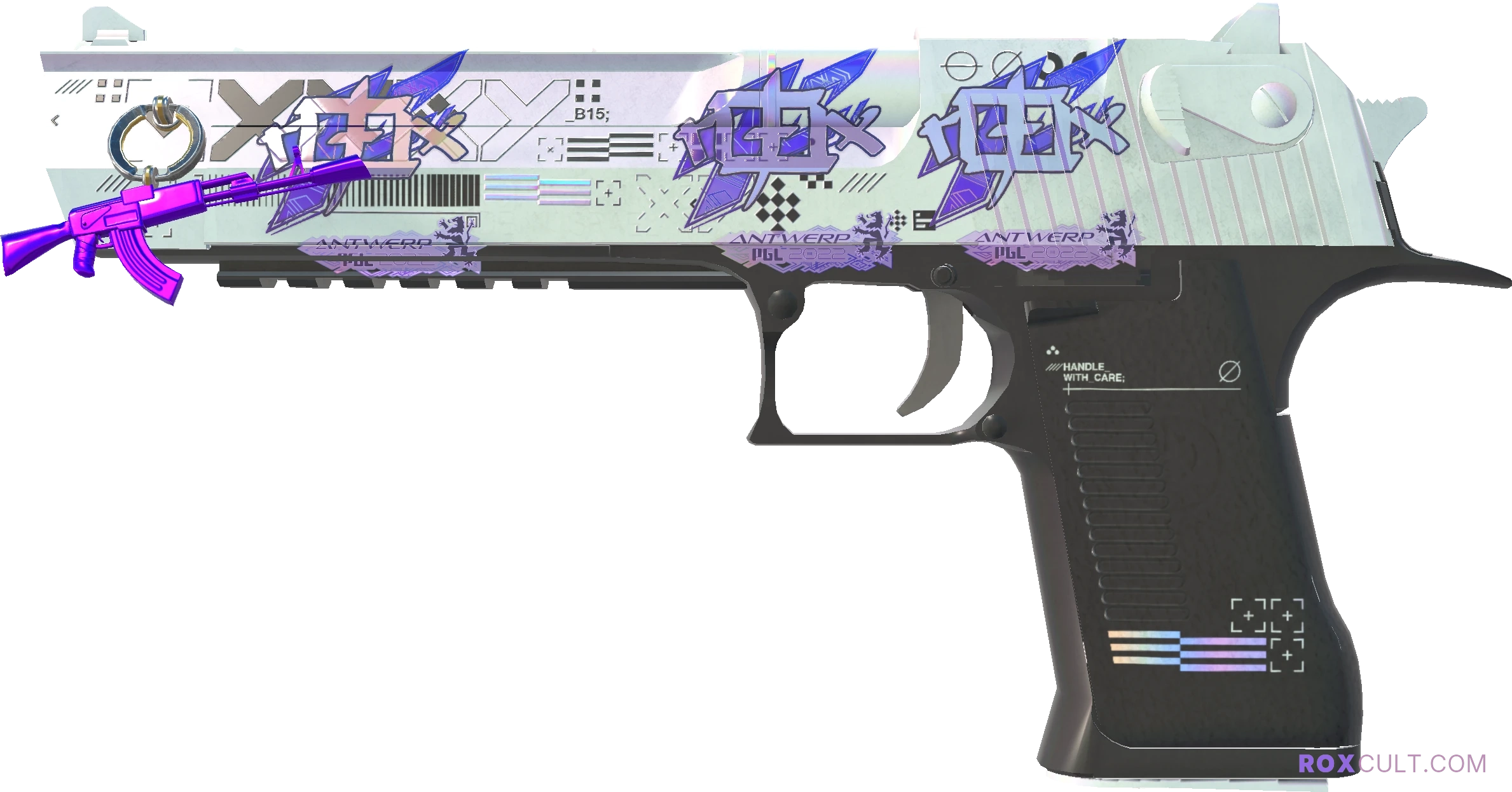 Desert Eagle | Printstream (Minimal Wear) — rox (Holo) Antwerp 2022 craft, playside view with 3 rox (Holo) stickers