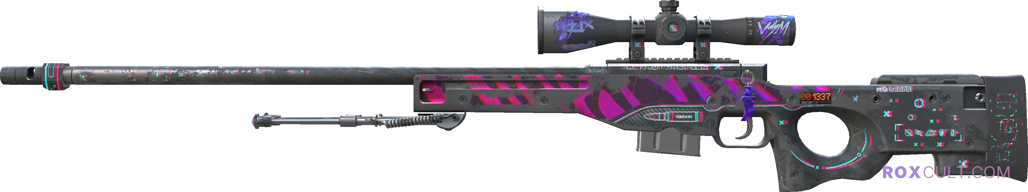 StatTrak™ AWP | Chromatic Aberration (Battle-Scarred) — rox (Holo) Antwerp 2022 craft, playside view with 1 rox (Holo) sticker