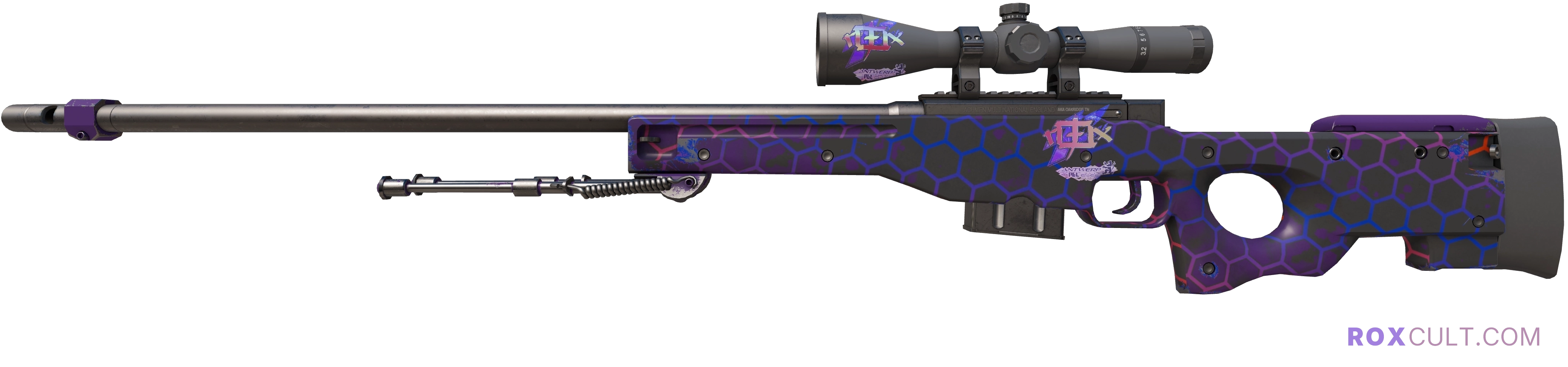 AWP | Electric Hive (Factory New) — rox (Holo) Antwerp 2022 craft, playside view with 2 rox (Holo) stickers