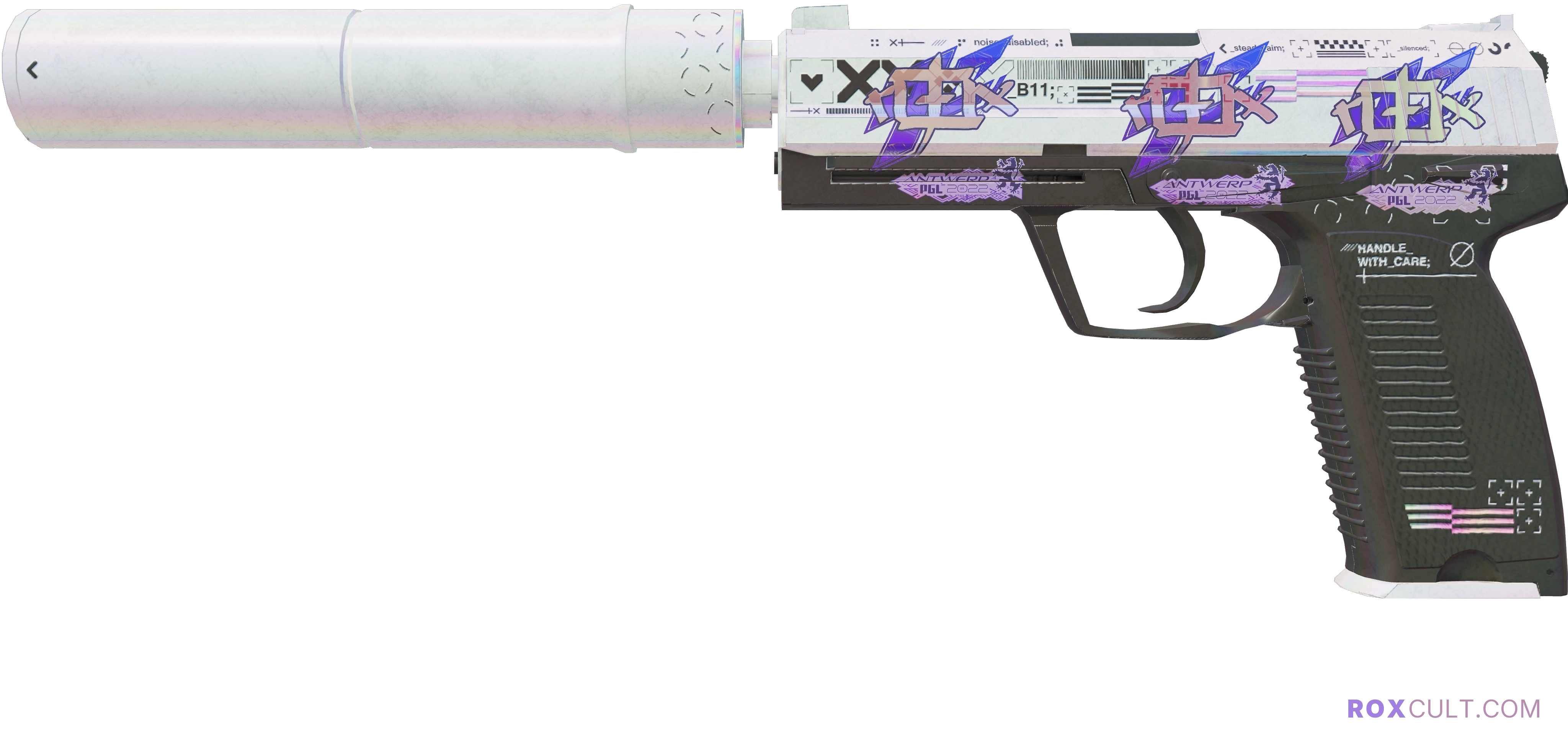USP-S | Printstream (Field-Tested) — rox (Holo) Antwerp 2022 craft, playside view with 3 rox (Holo) stickers