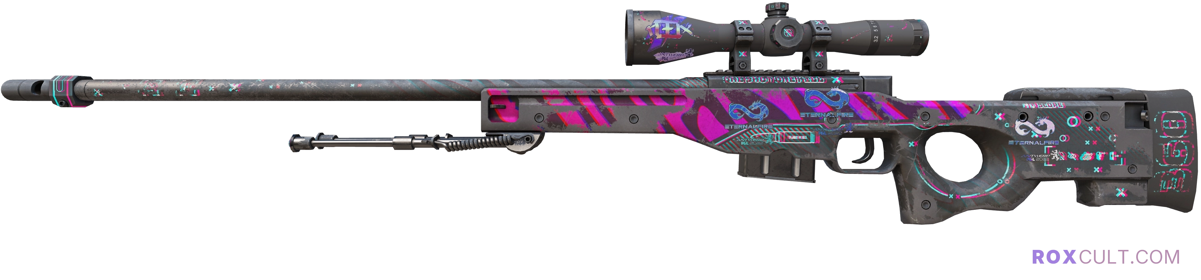 AWP | Chromatic Aberration (Battle-Scarred) — rox (Holo) Antwerp 2022 craft, playside view with 1 rox (Holo) sticker