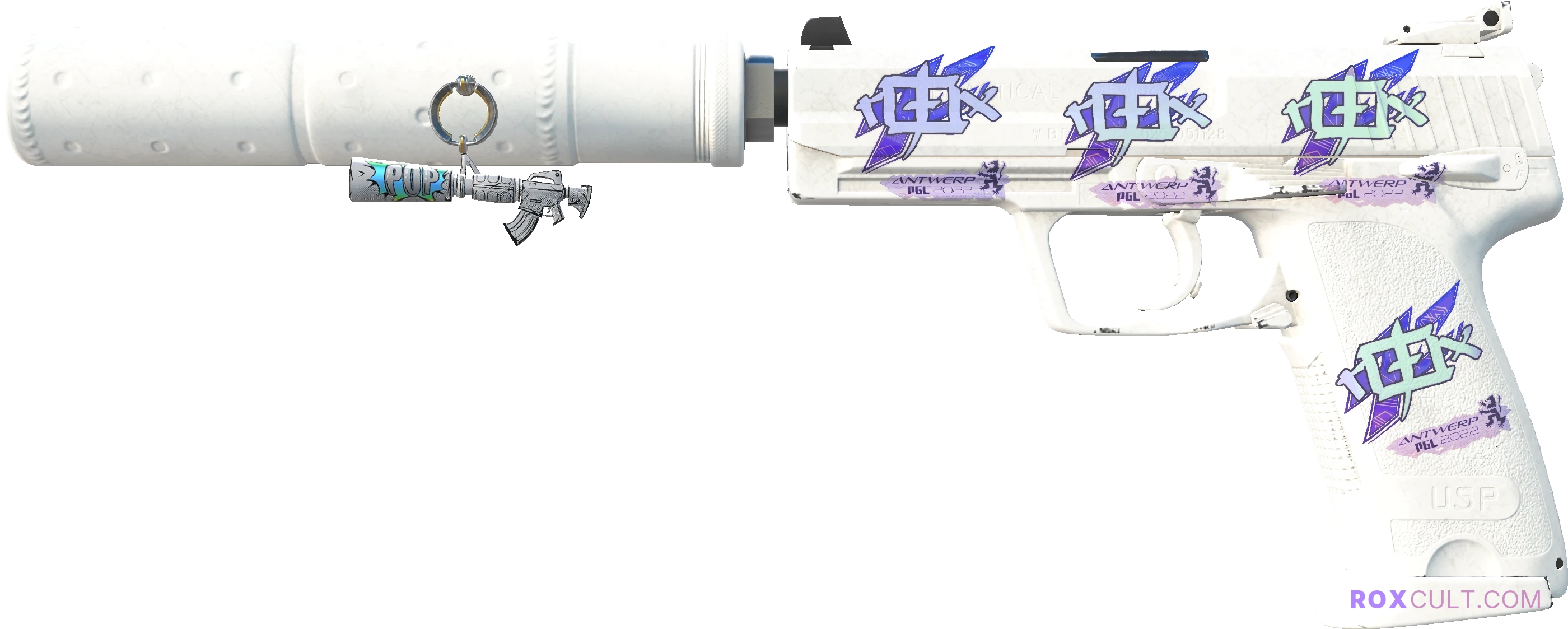 USP-S | Whiteout (Factory New) — rox (Holo) Antwerp 2022 craft, playside view with 4 rox (Holo) stickers