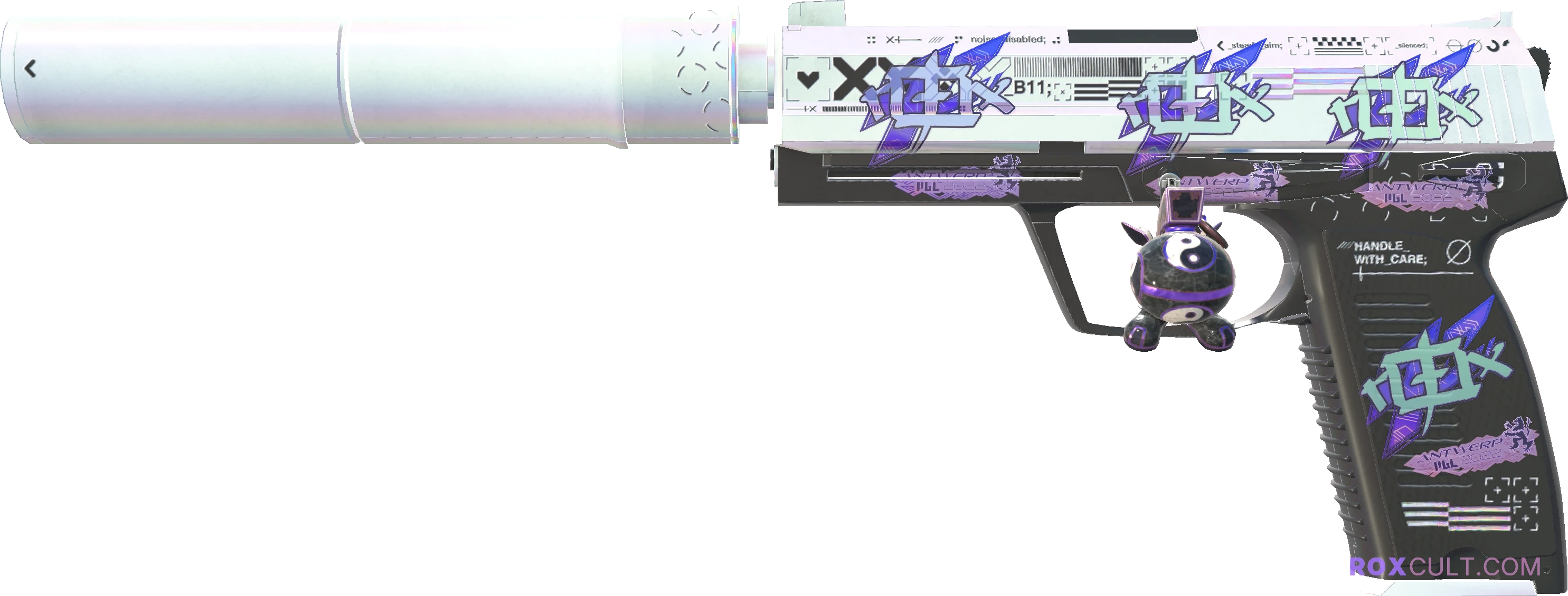 USP-S | Printstream (Factory New) — rox (Holo) Antwerp 2022 craft, playside view with 4 rox (Holo) stickers