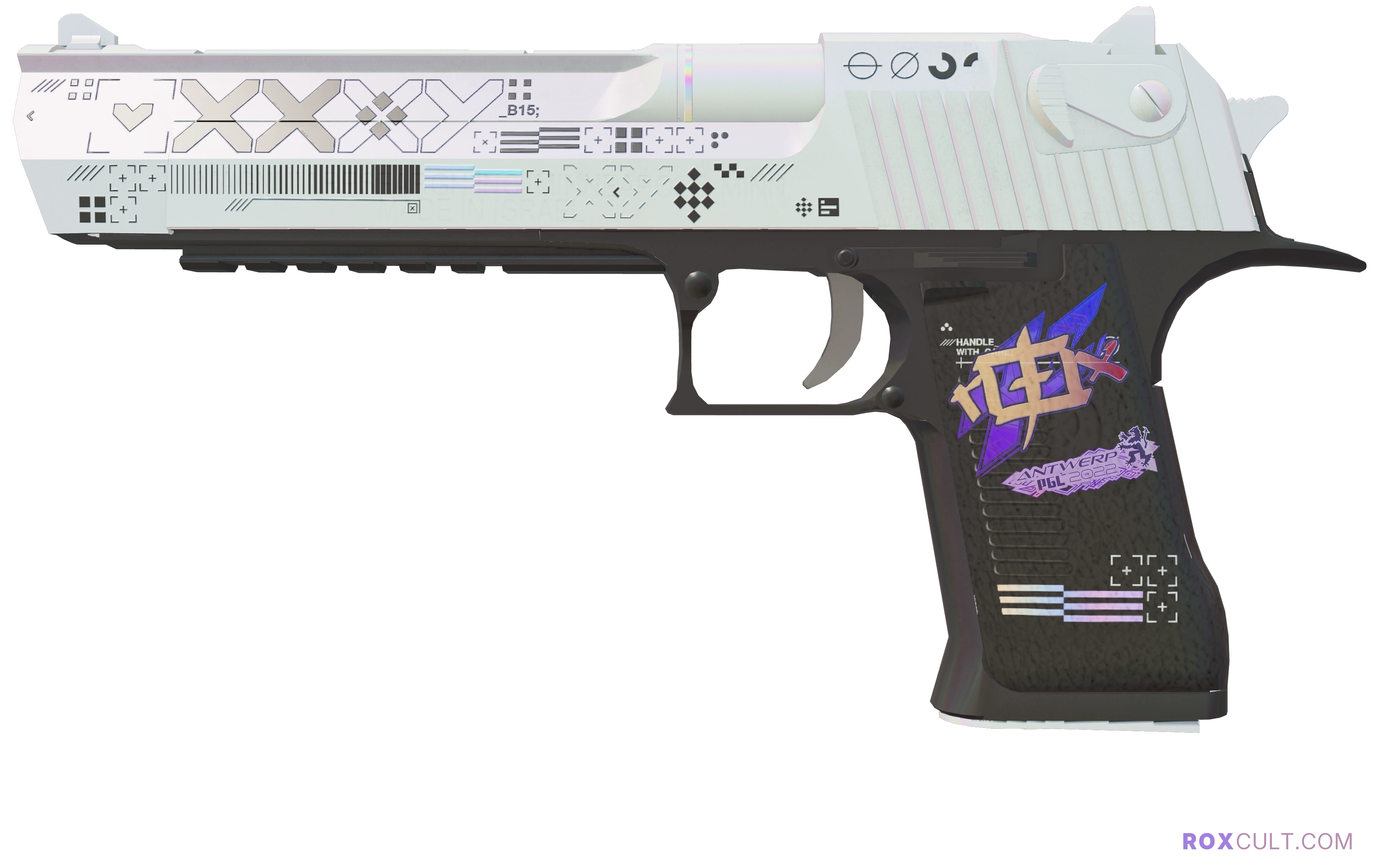 Desert Eagle | Printstream (Factory New) — rox (Holo) Antwerp 2022 craft, playside view with 1 rox (Holo) sticker