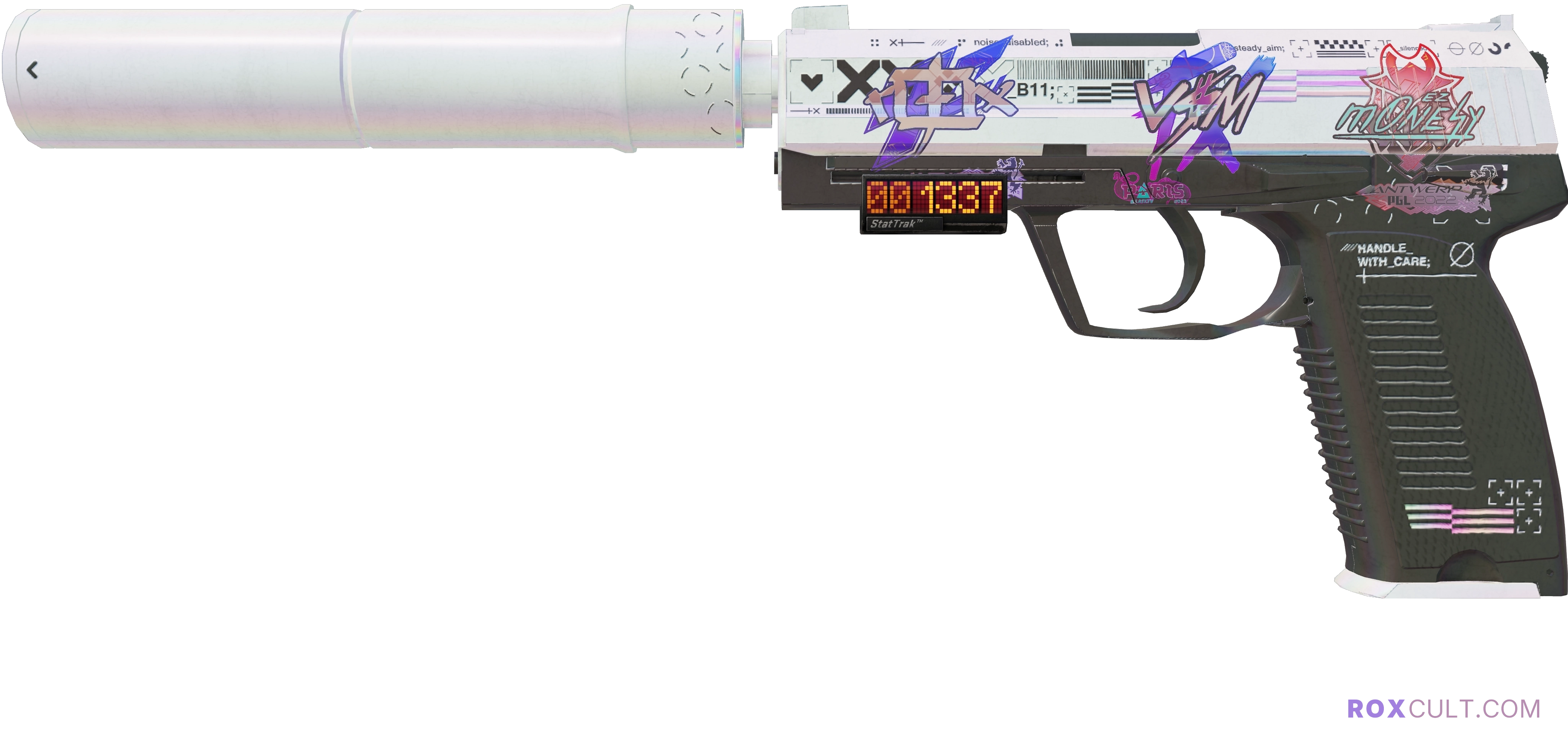 StatTrak™ USP-S | Printstream (Field-Tested) — rox (Holo) Antwerp 2022 craft, playside view with 1 rox (Holo) sticker