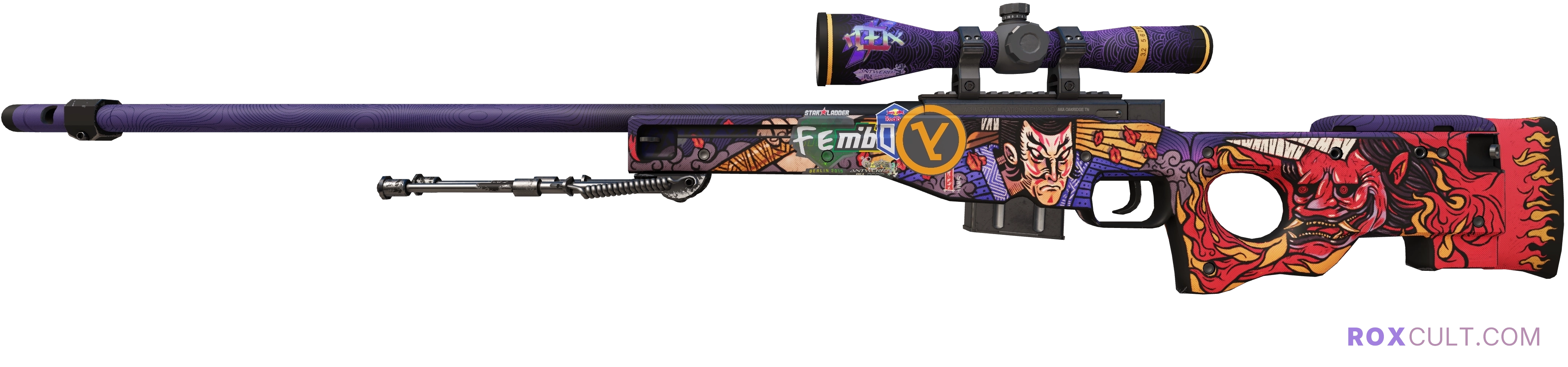 AWP | Oni Taiji (Factory New) — rox (Holo) Antwerp 2022 craft, playside view with 1 rox (Holo) sticker