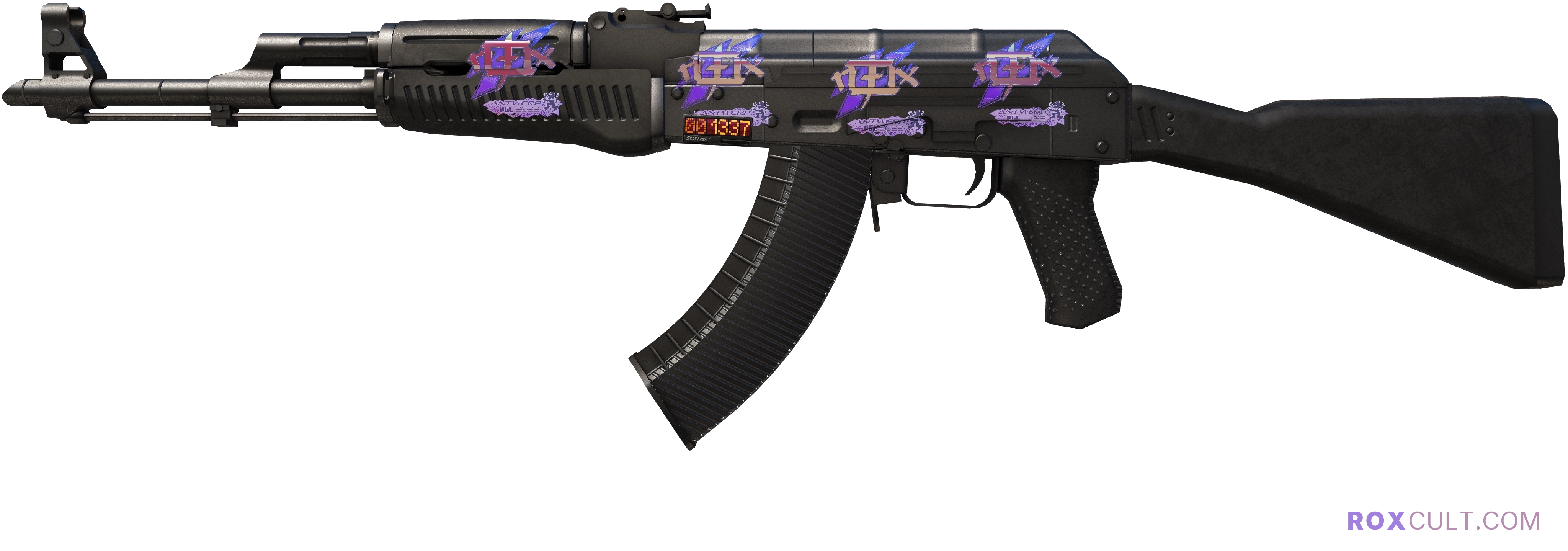 StatTrak™ AK-47 | Slate (Minimal Wear) — rox (Holo) Antwerp 2022 craft, playside view with 4 rox (Holo) stickers
