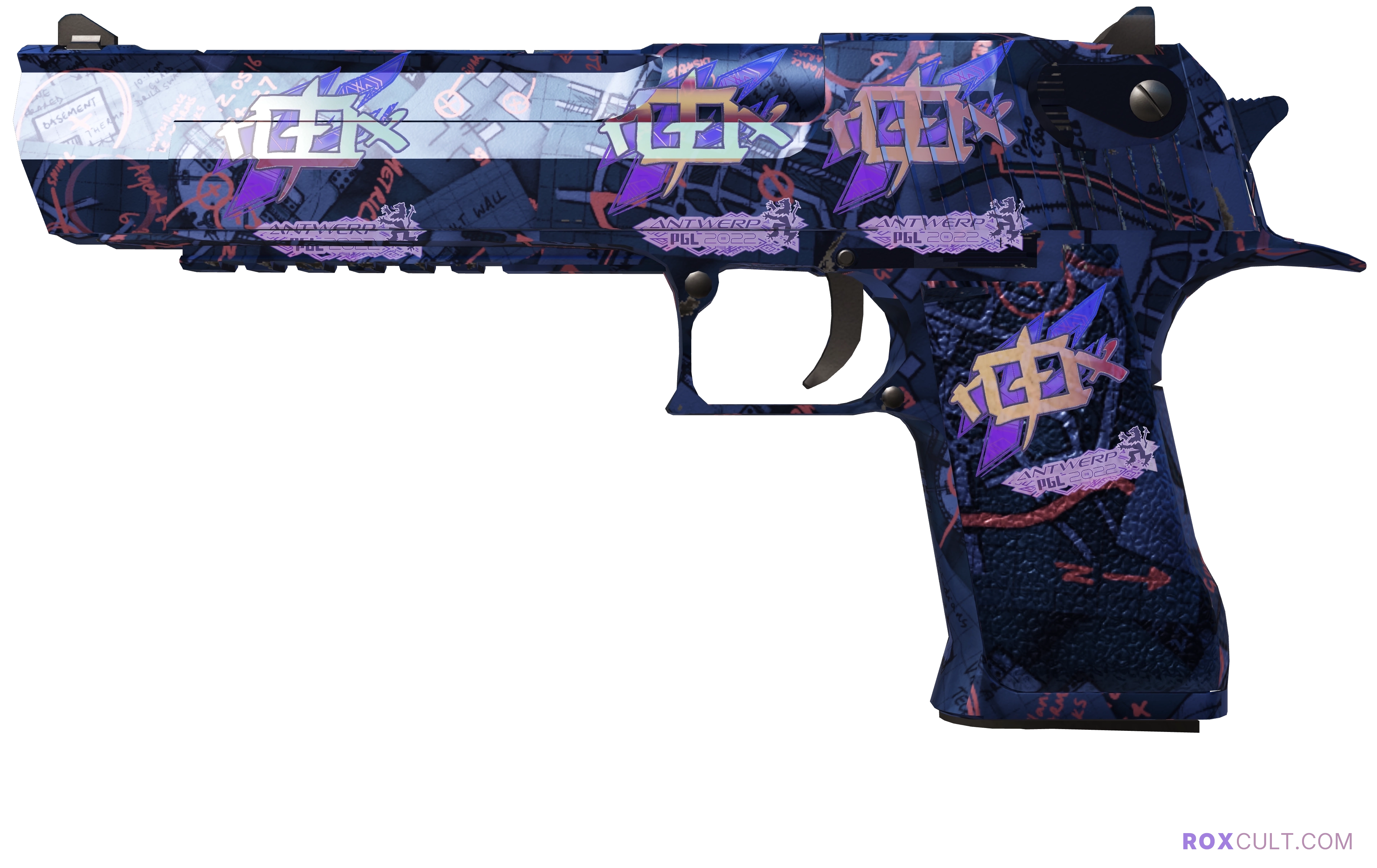 Desert Eagle | Night Heist (Factory New) — rox (Holo) Antwerp 2022 craft, playside view with 4 rox (Holo) stickers