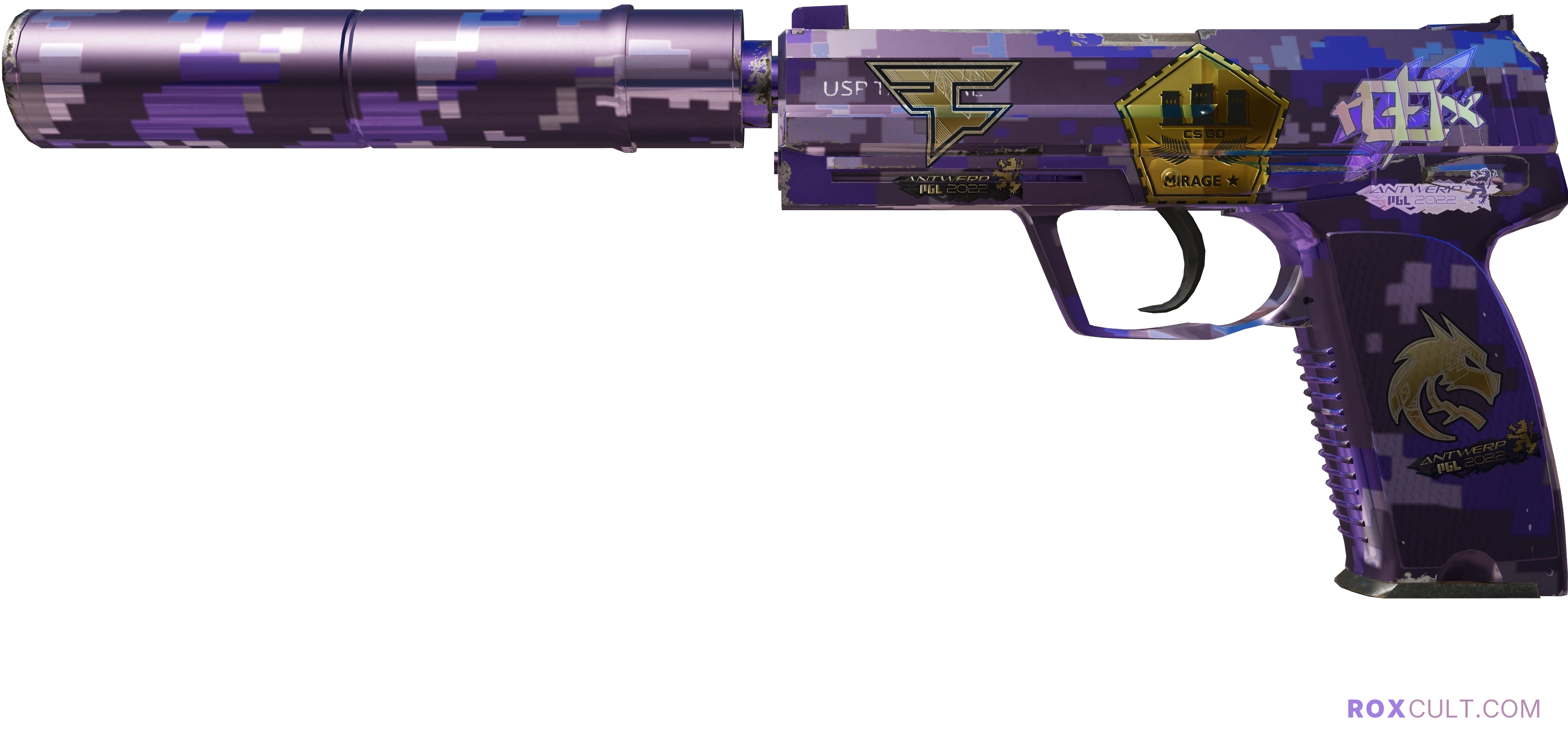 Souvenir USP-S | Purple DDPAT (Factory New) — rox (Holo) Antwerp 2022 craft, playside view with 1 rox (Holo) sticker