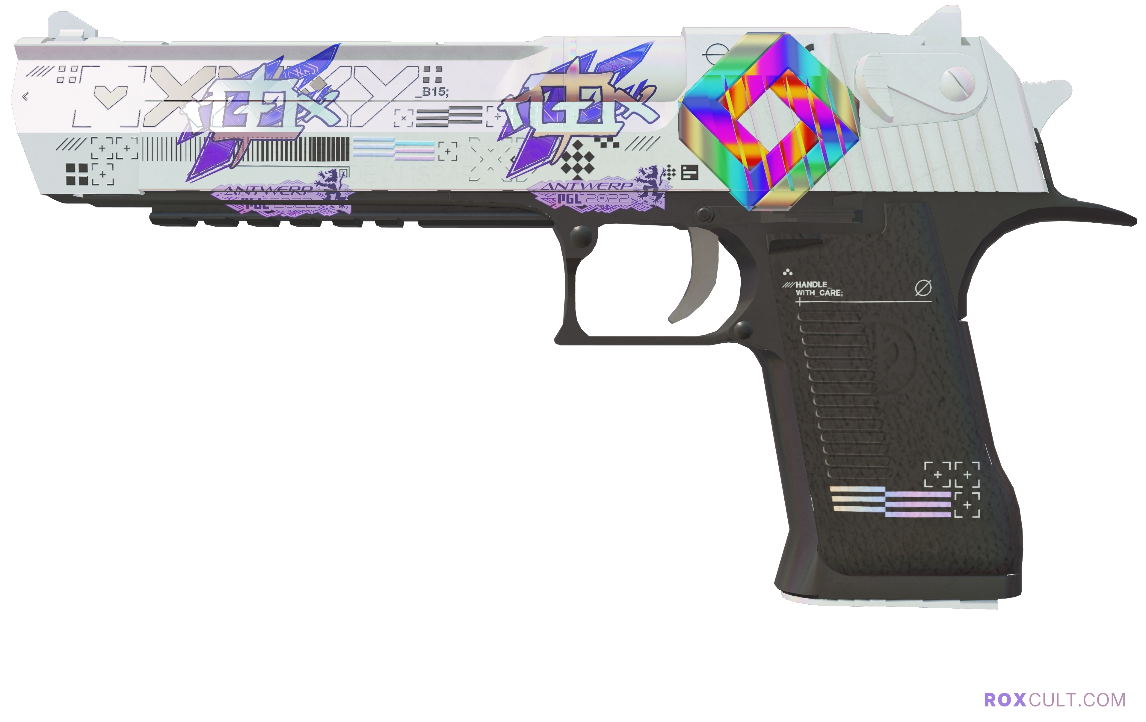 Desert Eagle | Printstream (Minimal Wear) — rox (Holo) Antwerp 2022 craft, playside view with 2 rox (Holo) stickers