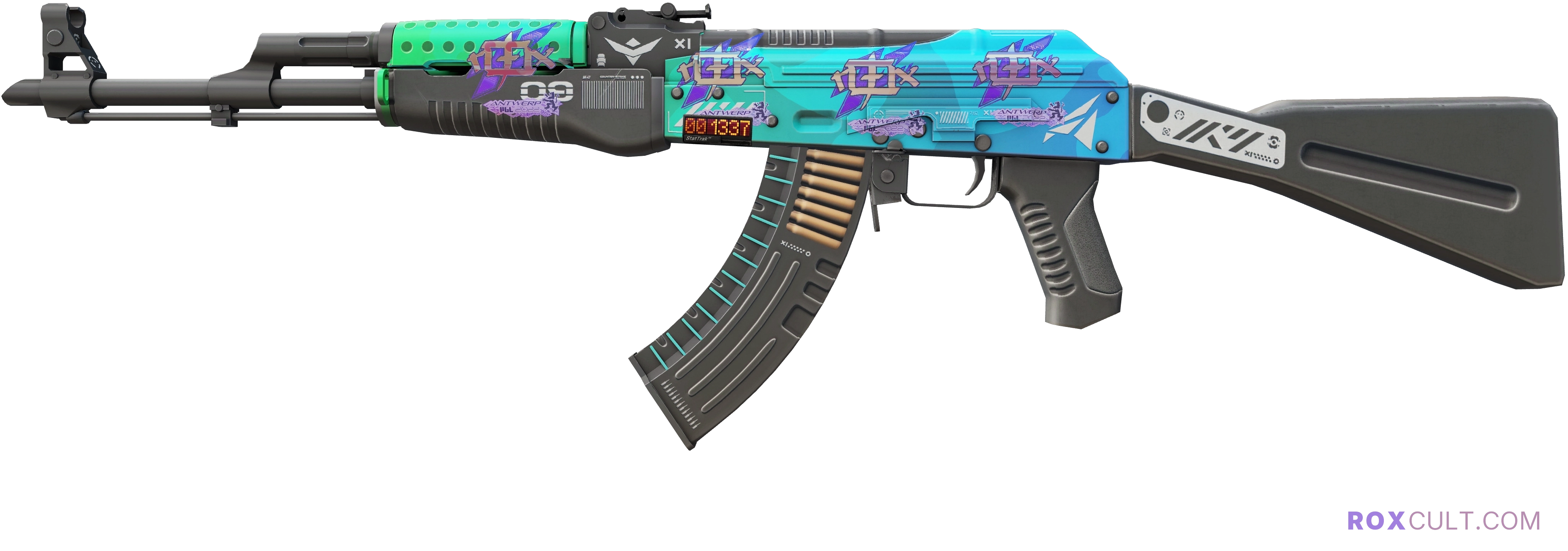 StatTrak™ AK-47 | Ice Coaled (Factory New) — rox (Holo) Antwerp 2022 craft, playside view with 4 rox (Holo) stickers