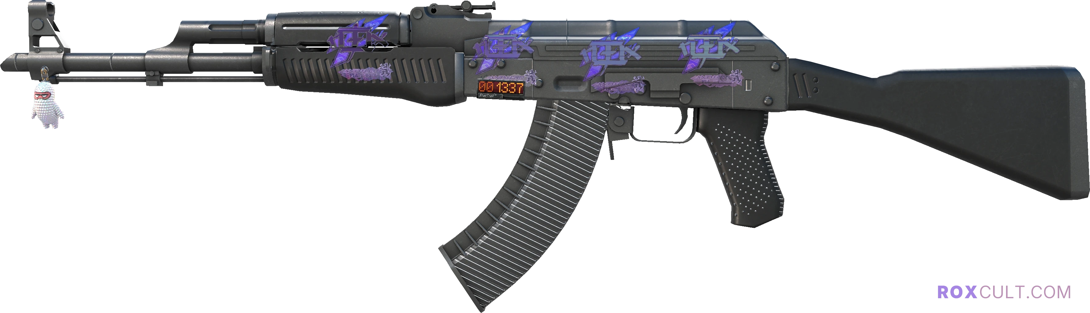 StatTrak™ AK-47 | Slate (Factory New) — rox (Holo) Antwerp 2022 craft, playside view with 4 rox (Holo) stickers