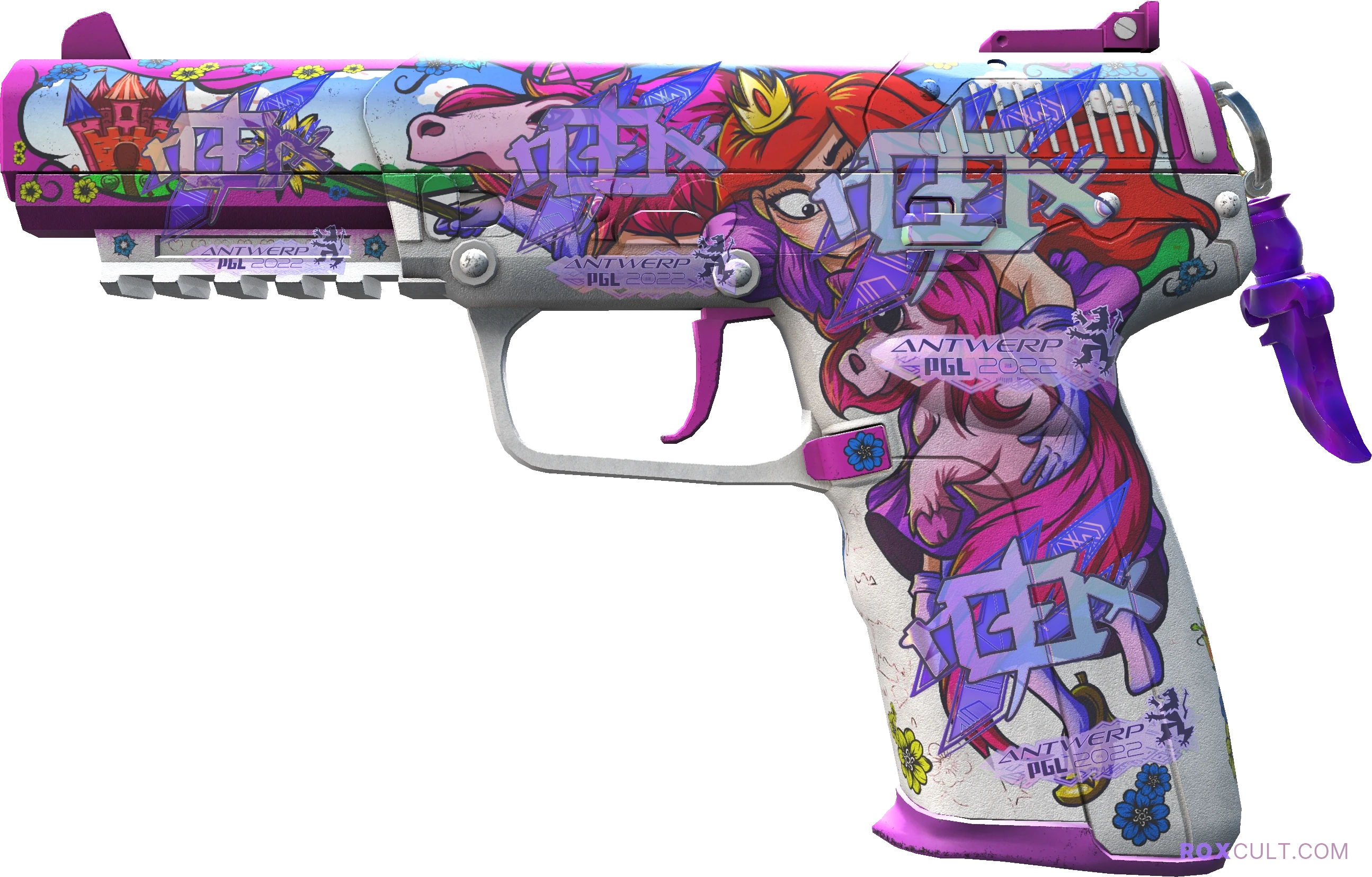 Five-SeveN | Fairy Tale (Factory New) — rox (Holo) Antwerp 2022 craft, playside view with 4 rox (Holo) stickers
