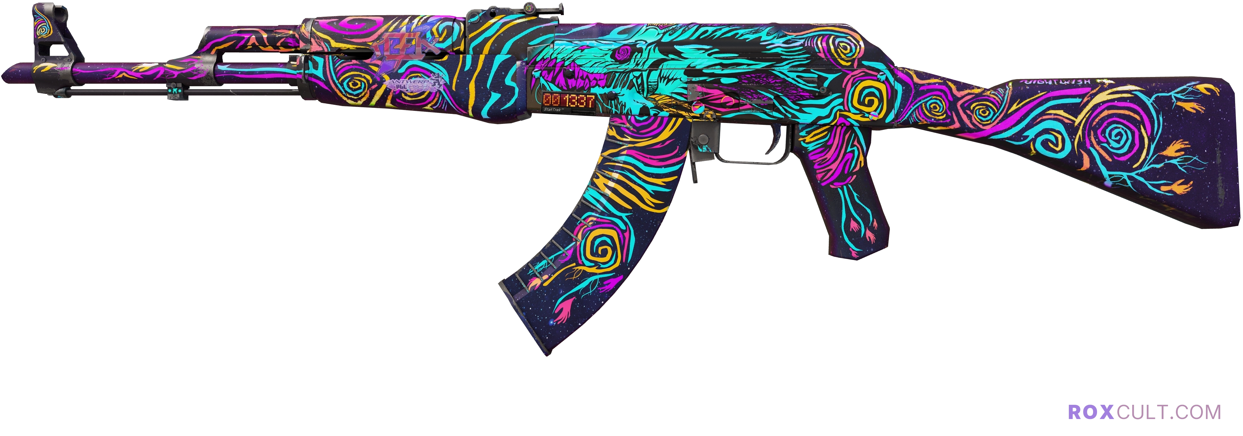 StatTrak™ AK-47 | Nightwish (Minimal Wear) — rox (Holo) Antwerp 2022 craft, playside view with 1 rox (Holo) sticker