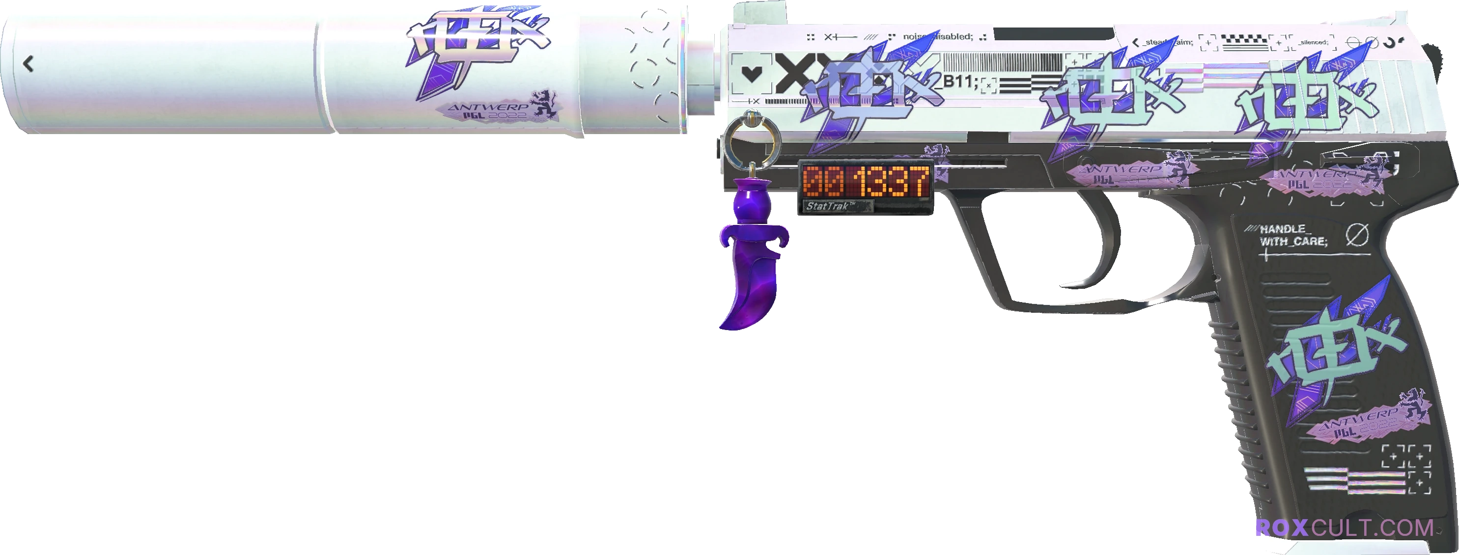 StatTrak™ USP-S | Printstream (Factory New) — rox (Holo) Antwerp 2022 craft, playside view with 5 rox (Holo) stickers