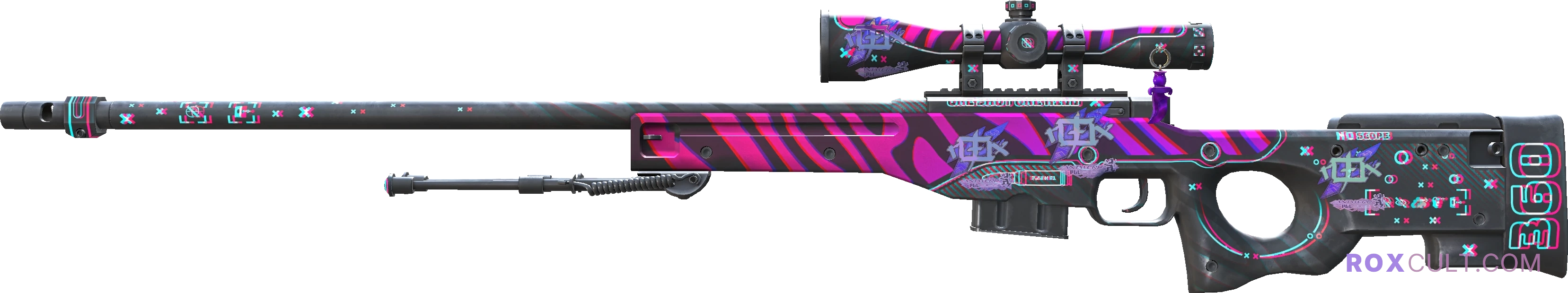 AWP | Chromatic Aberration (Factory New) — rox (Holo) Antwerp 2022 craft, playside view with 4 rox (Holo) stickers